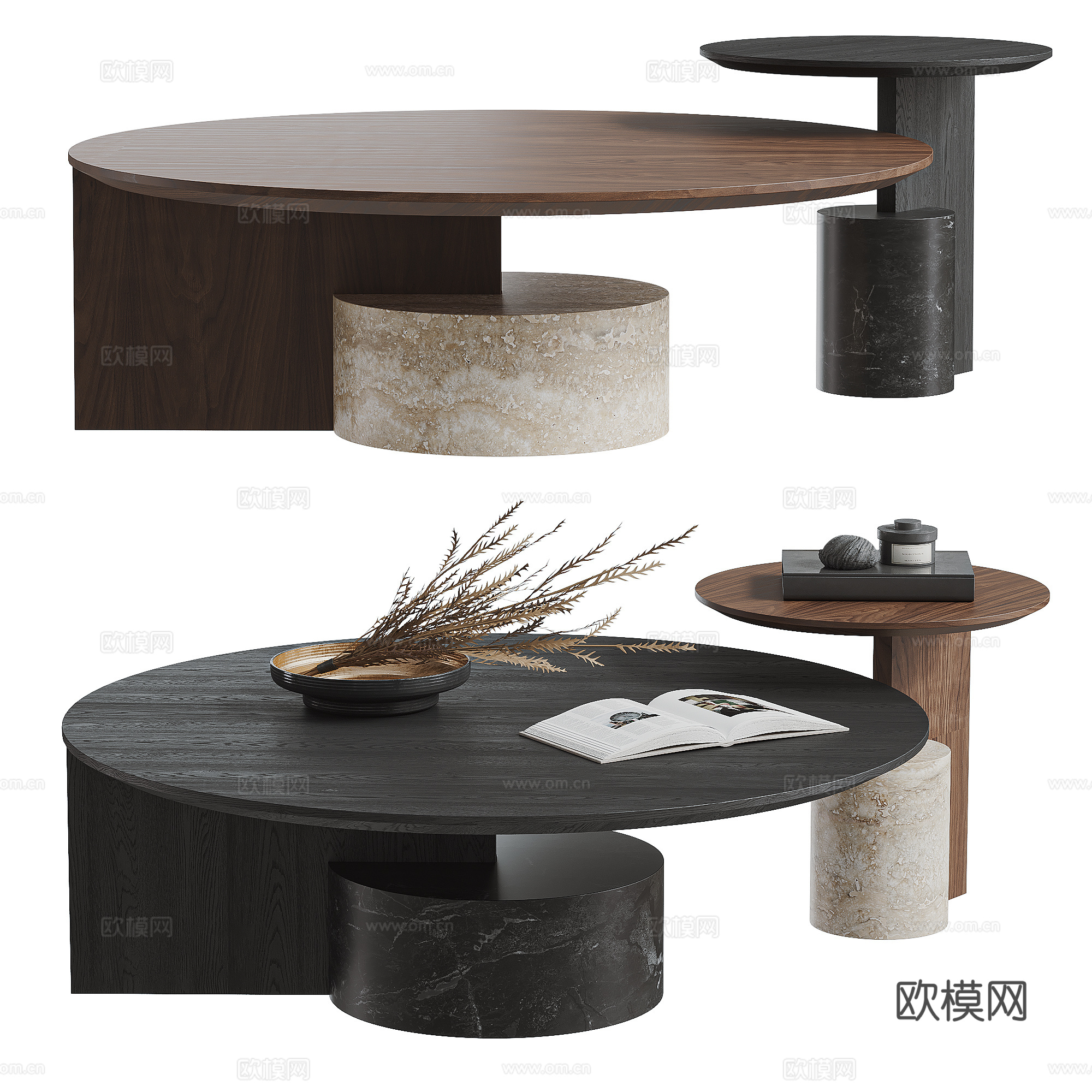 CASSINA 现代茶几组合 木茶几 石材茶几 子母茶几su模型