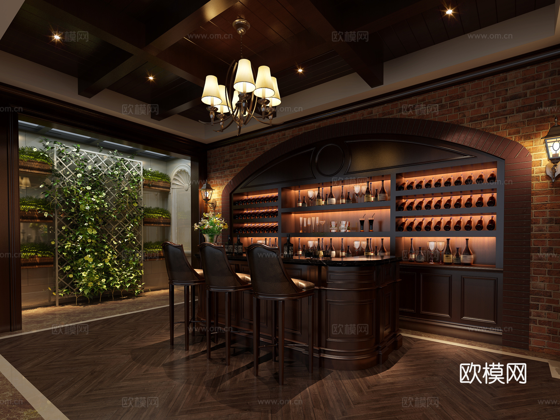 美式简约酒窖 植物墙 吧椅 吊灯 酒柜 物件摆件3d模型