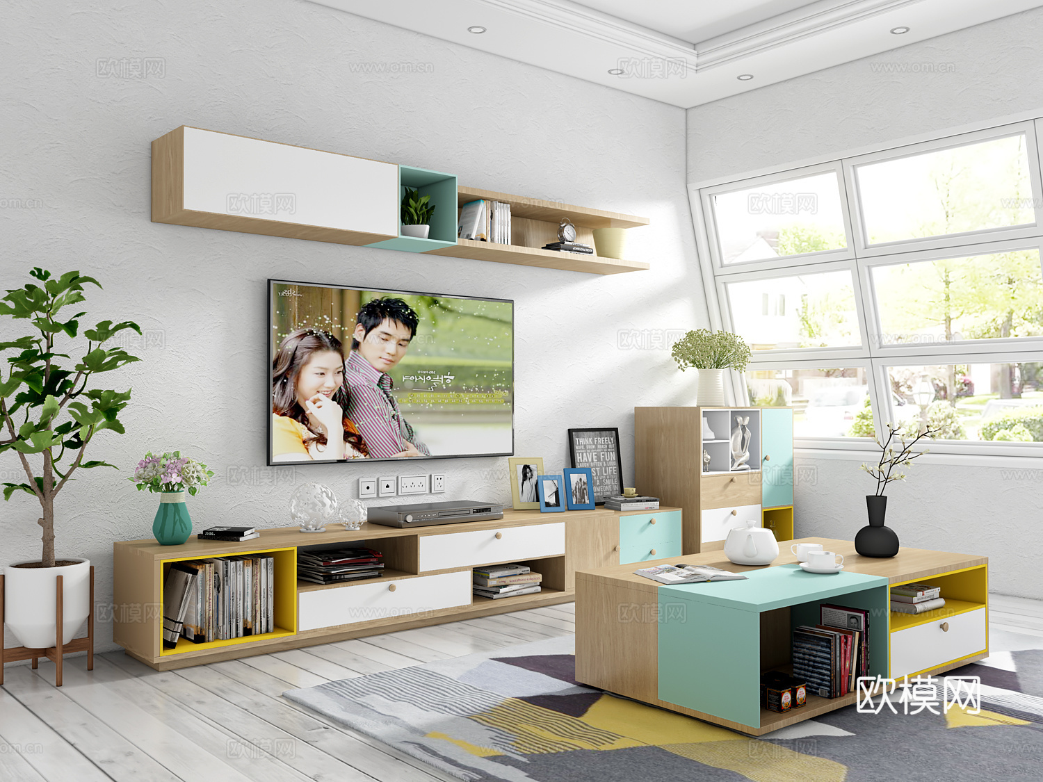 电视柜 盆栽 窗户 组合柜 现代电视柜 北欧电视柜 电视3d模型下载（渲染图3）