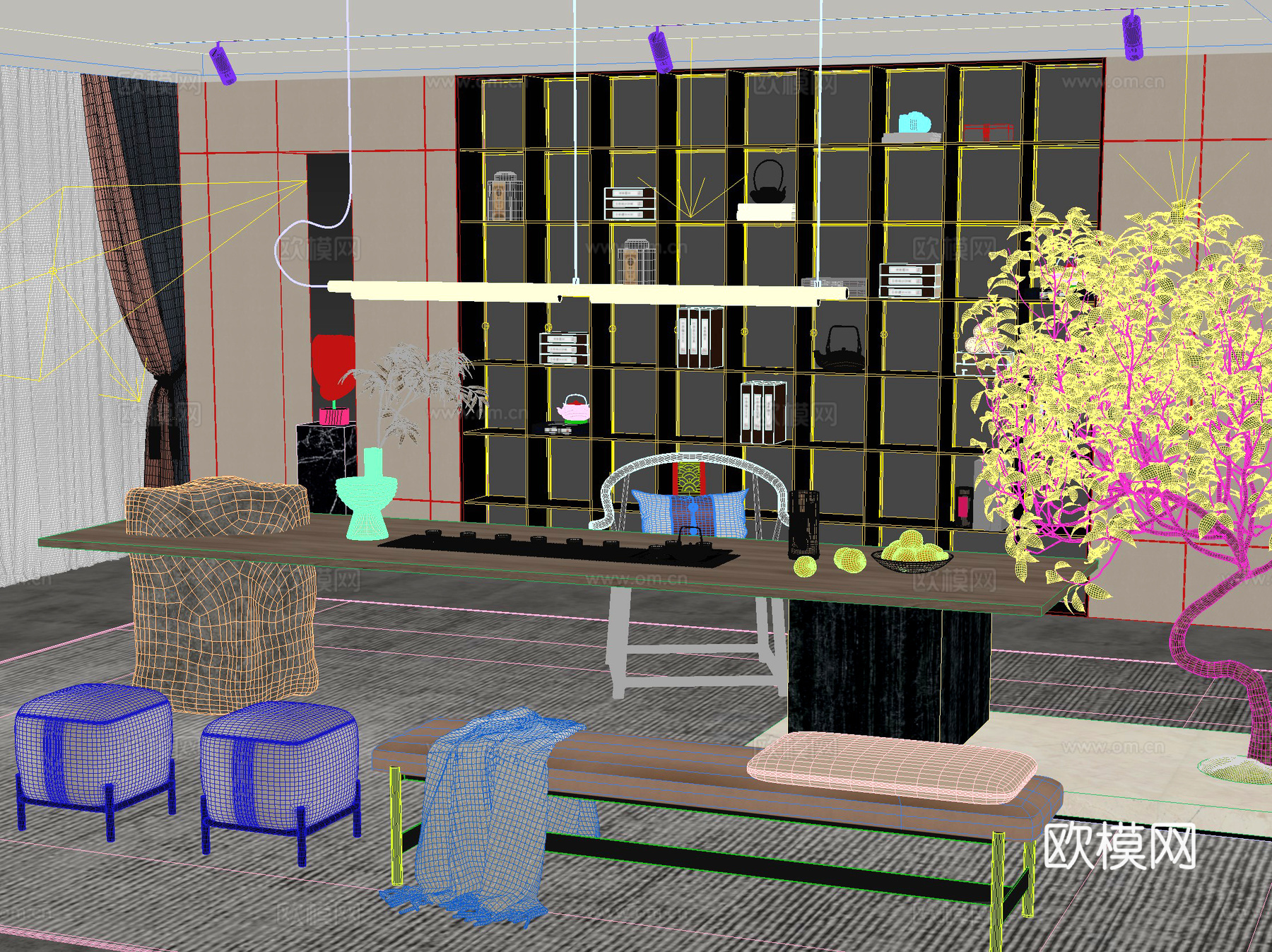 新中式 桌椅 茶桌椅 茶几 茶具3d模型下载（渲染图2）