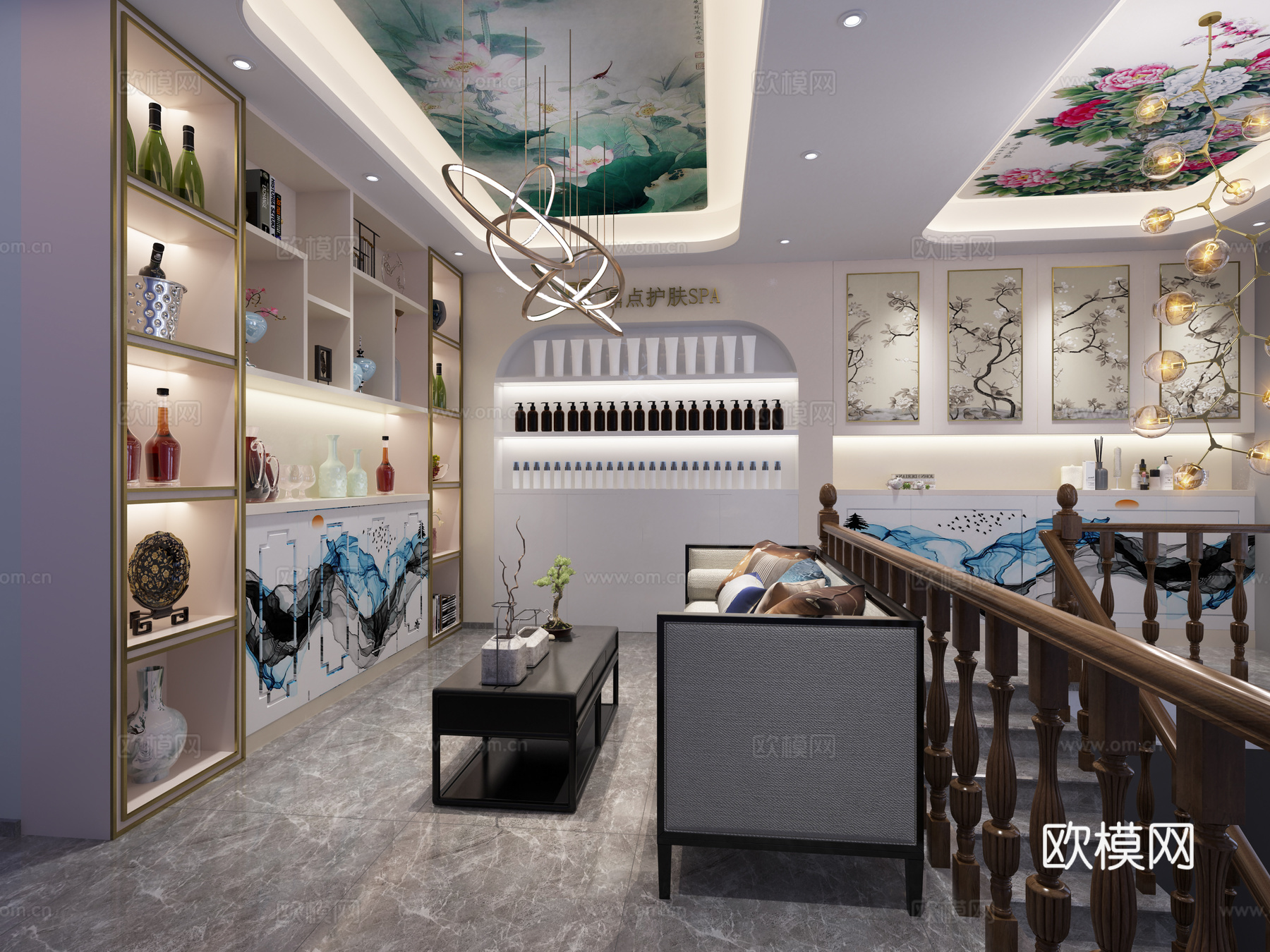 新中式美容店 美容美发 SPA 按摩店 接待室 包间 足浴店3d模型