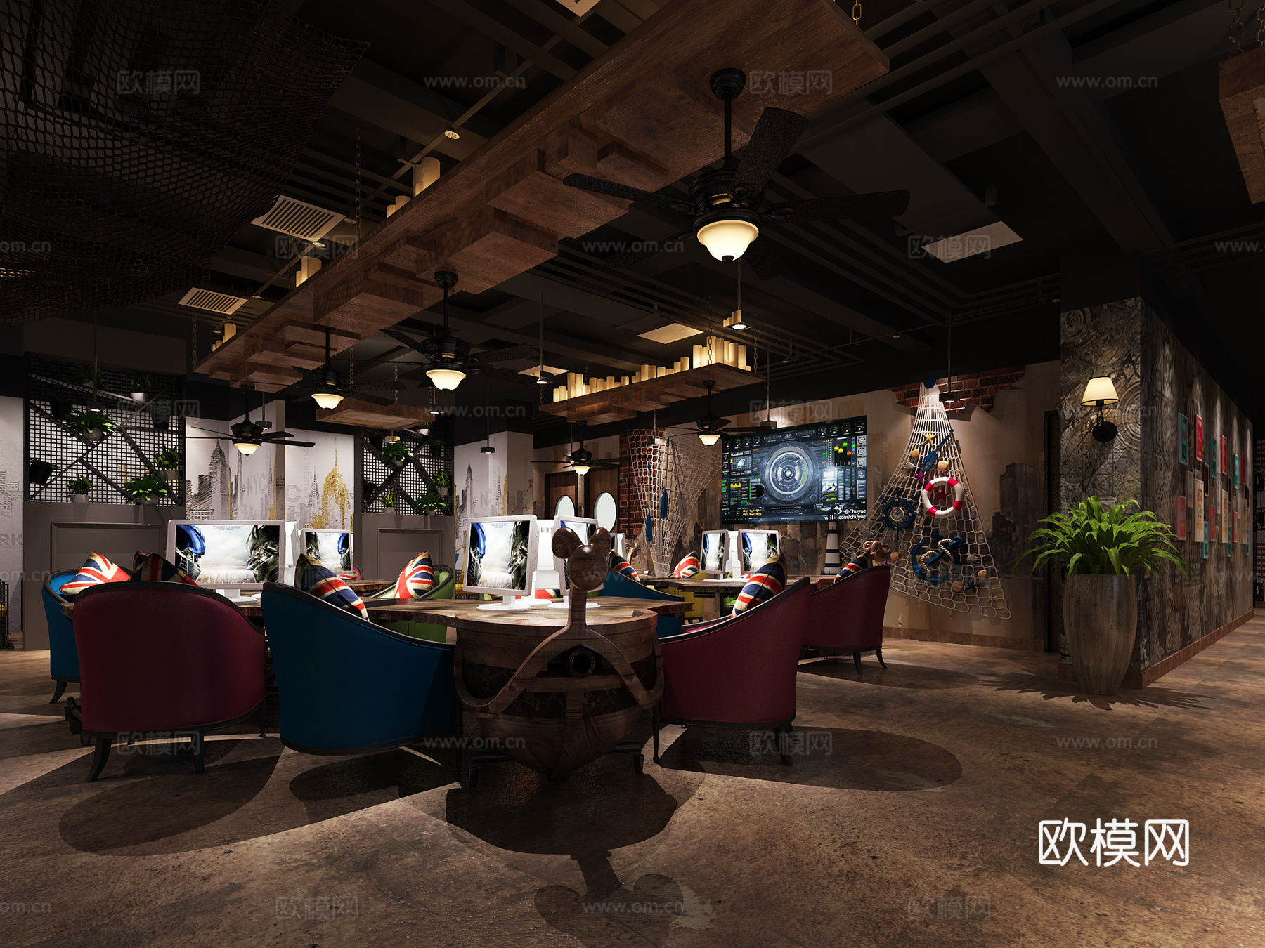 工业风网吧 桌椅组合3d模型