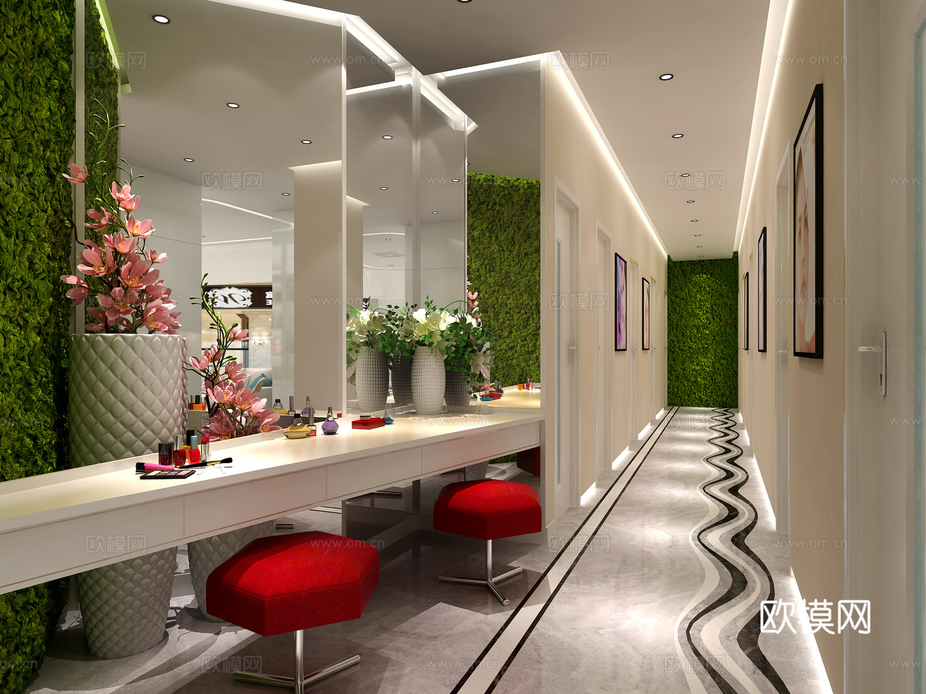 现代美容店面 前台logo墙 沙发 茶几梳妆台植物墙盆景3d模型