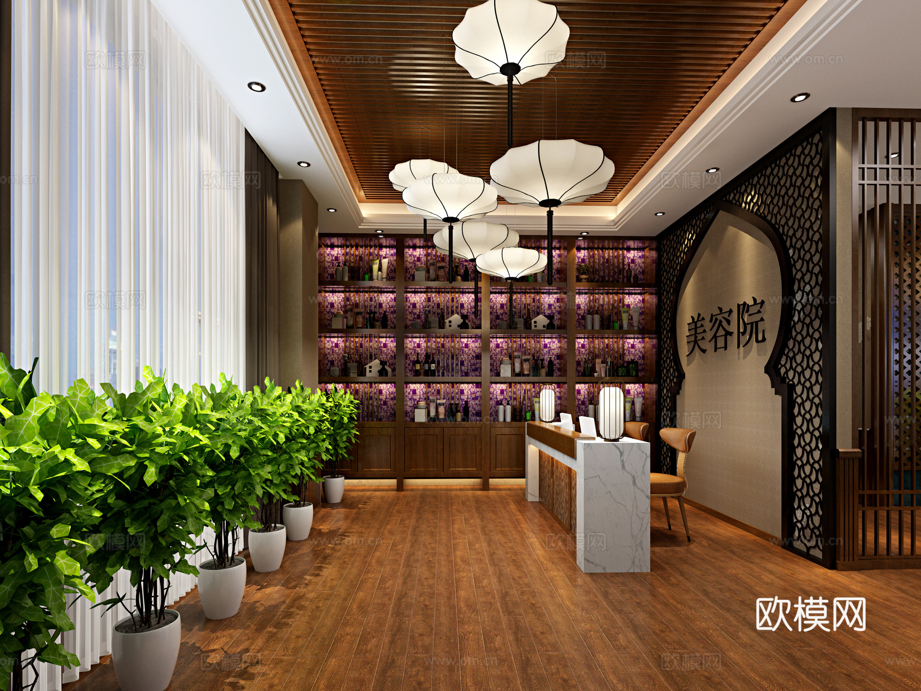 新中式美容院大厅 背景 沙发 吊灯 吧台 展示柜3d模型