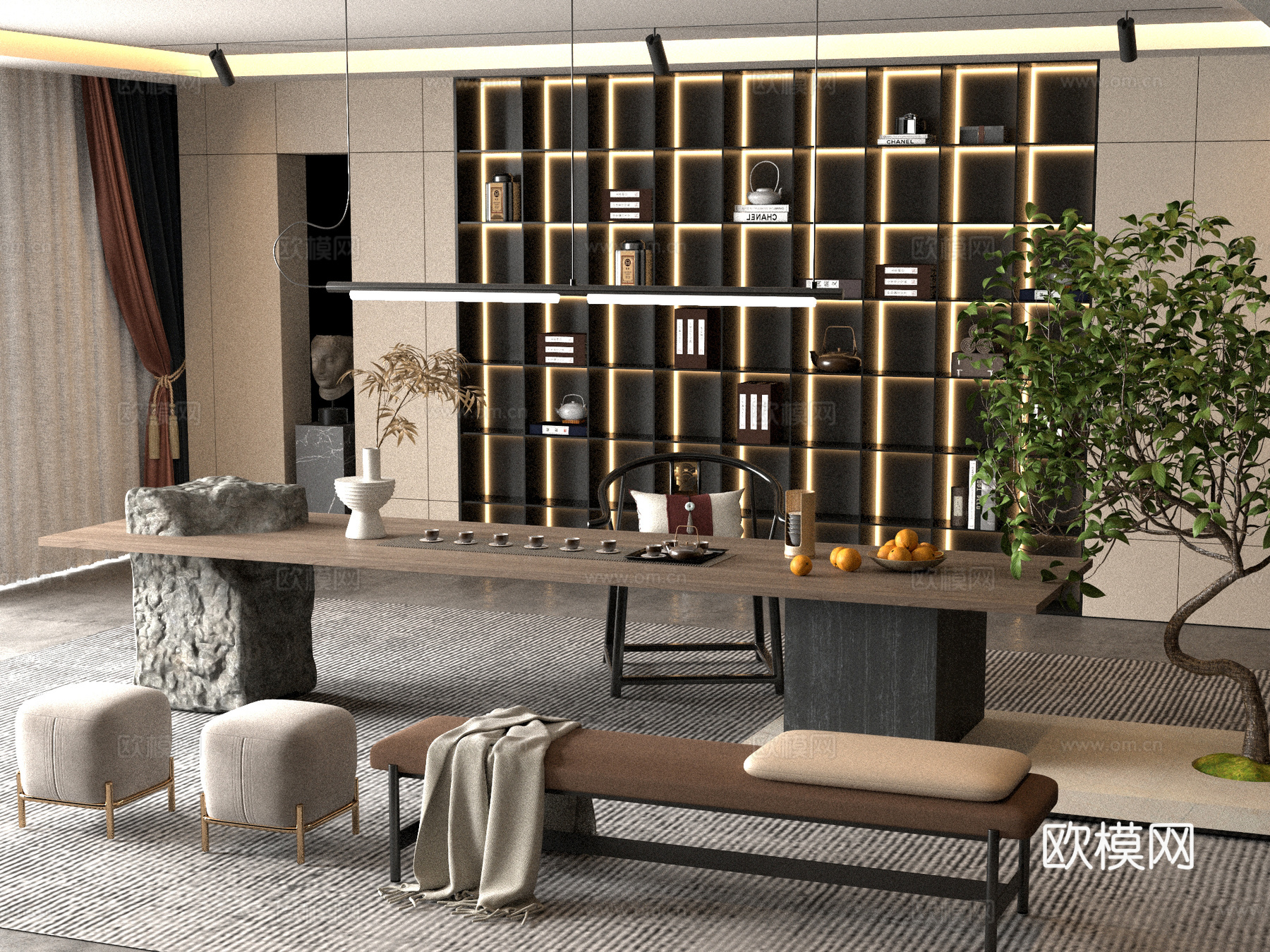 新中式 桌椅 茶桌椅 茶几 茶具3d模型下载（渲染图1）
