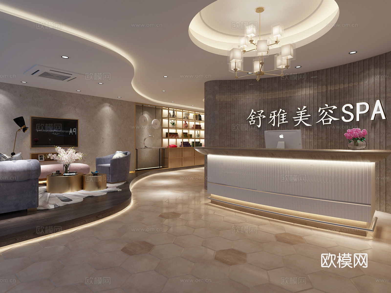 现代美容院前台 前台 沙发 茶几 装饰柜3d模型