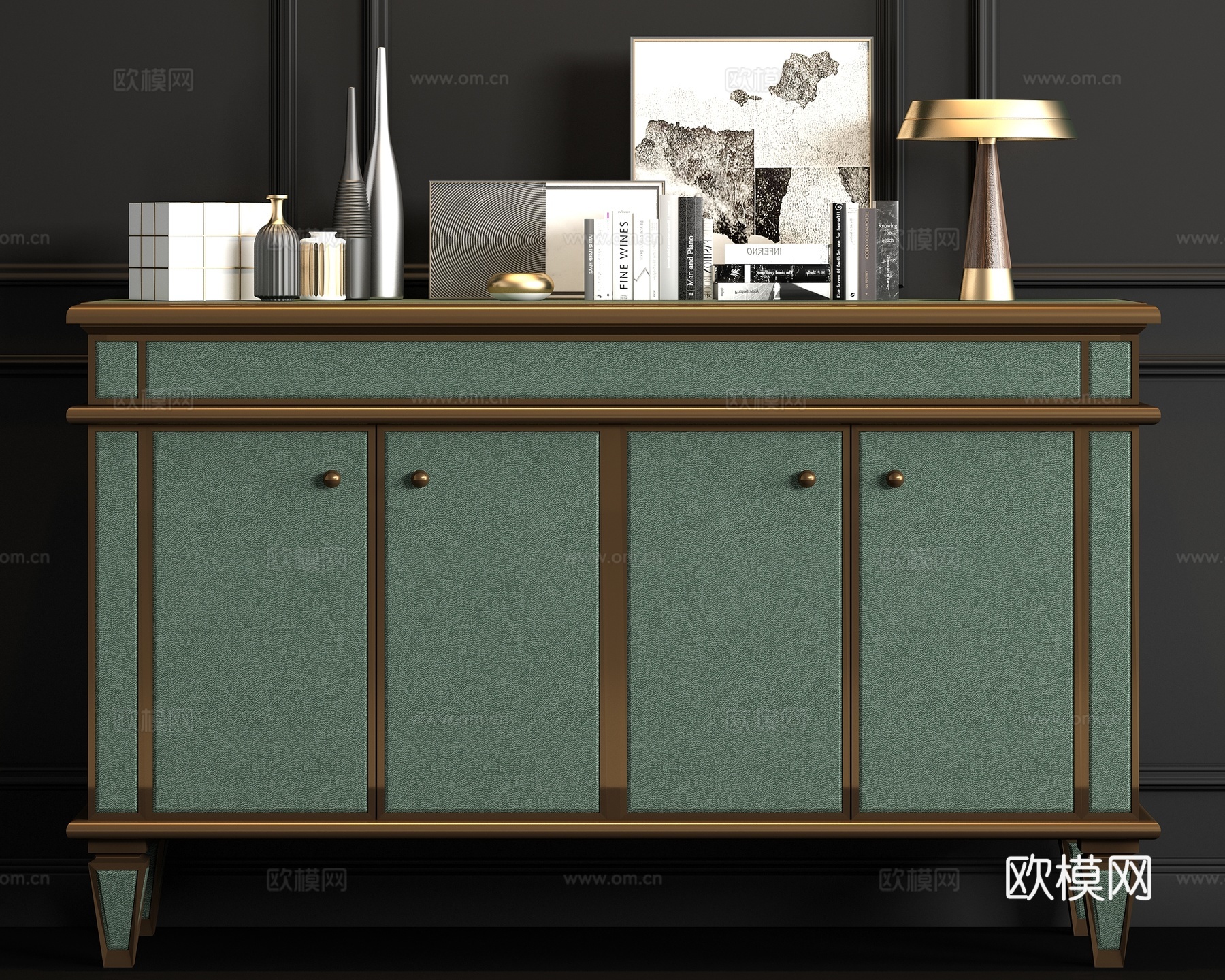 现代金属皮革端景柜饰品组合3d模型