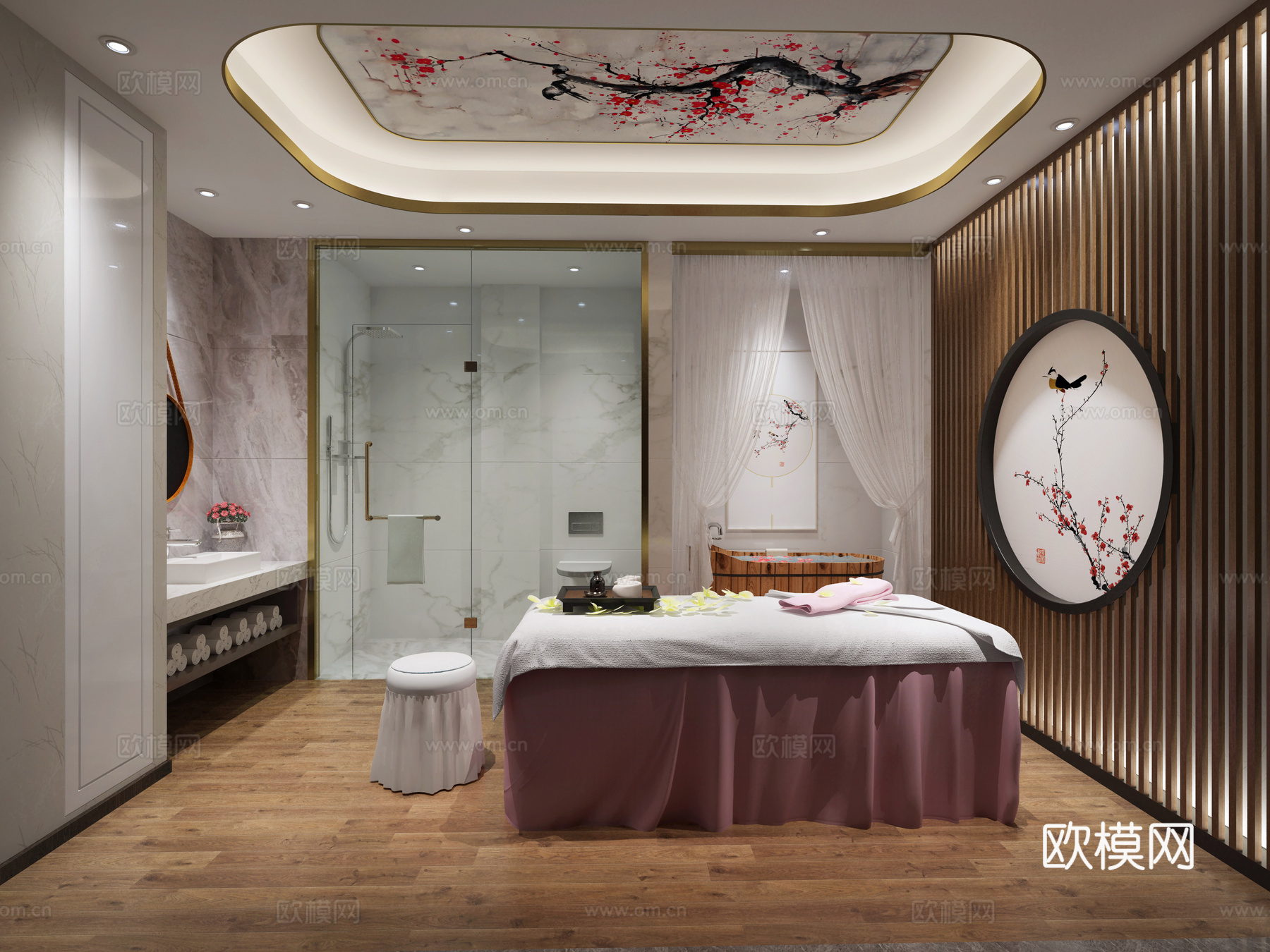 新中式美容店 美容美发 SPA 按摩店 接待室 包间 足浴店3d模型