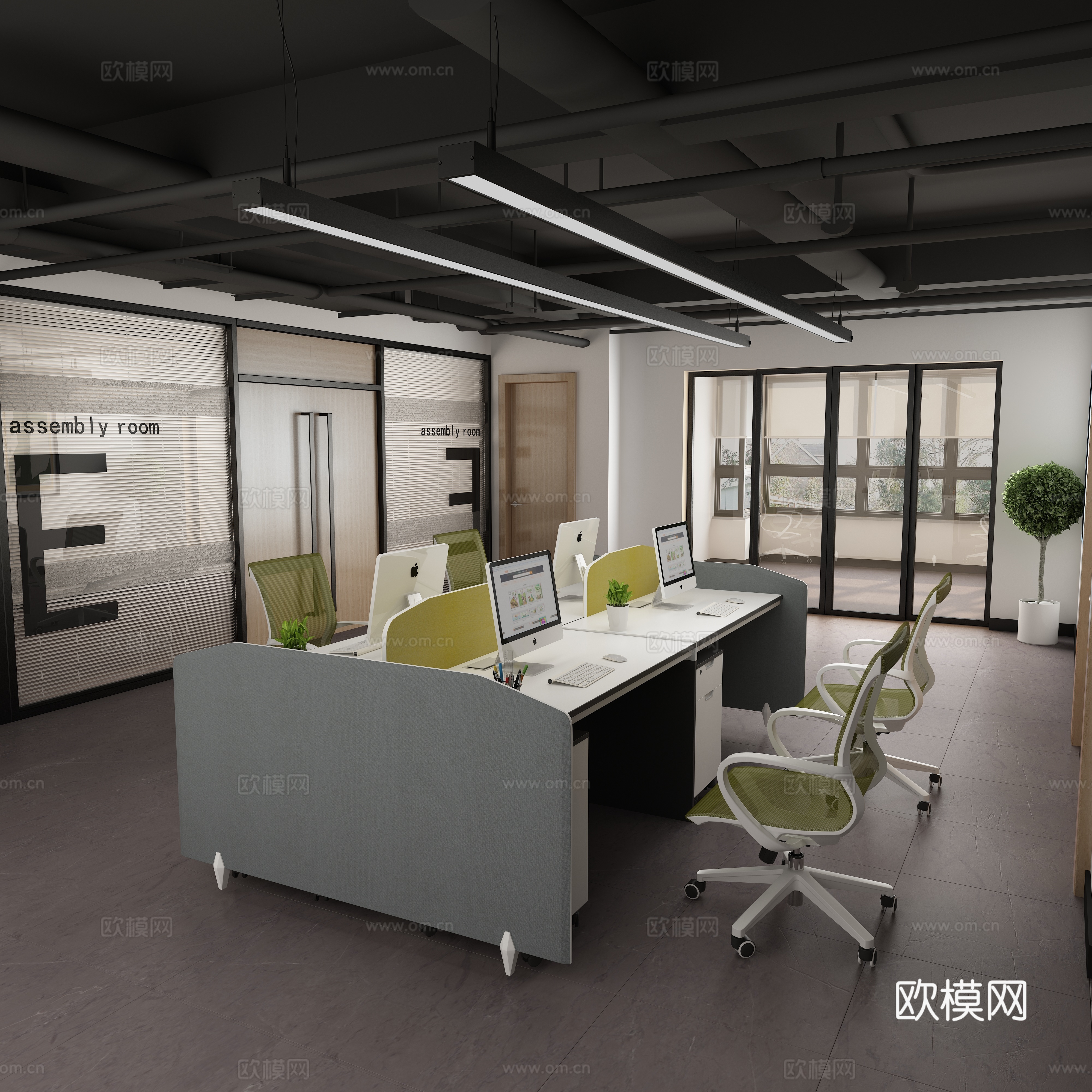 现代办公空间办公室 职员桌 绿色网布尼龙脚架职员椅3d模型