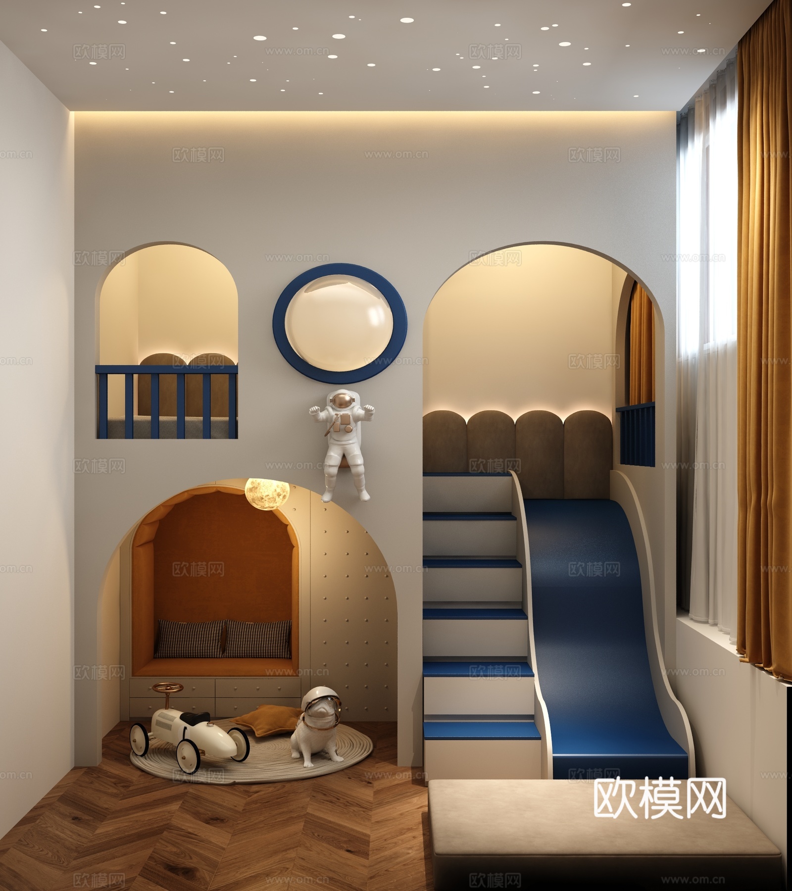现代太空主题儿童房  滑梯3d模型