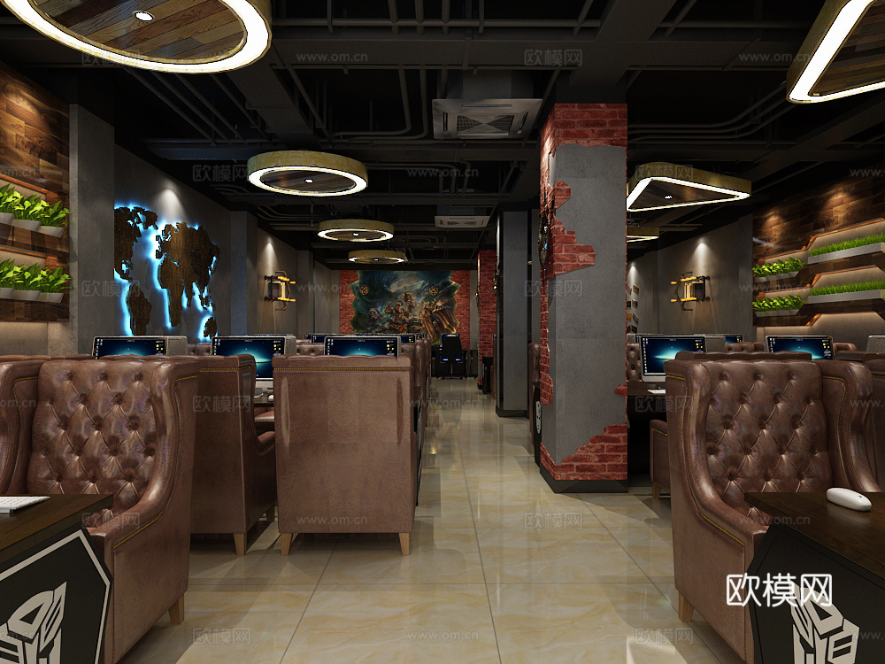 工业风网咖 吧台 零食架 电竞椅 挂件 地图 墙绘 冰箱3d模型
