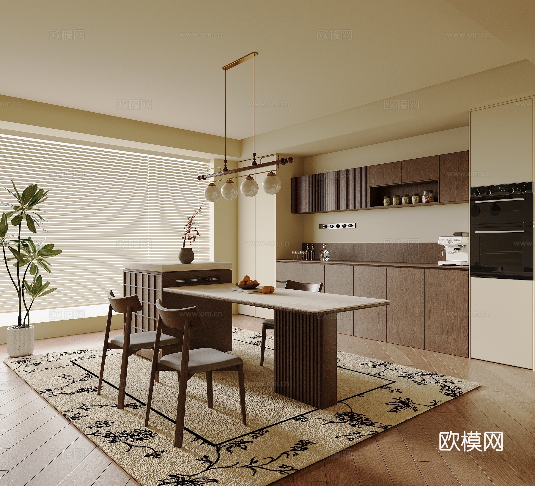 中古风餐厅 餐桌椅 岛台 酒柜3d模型