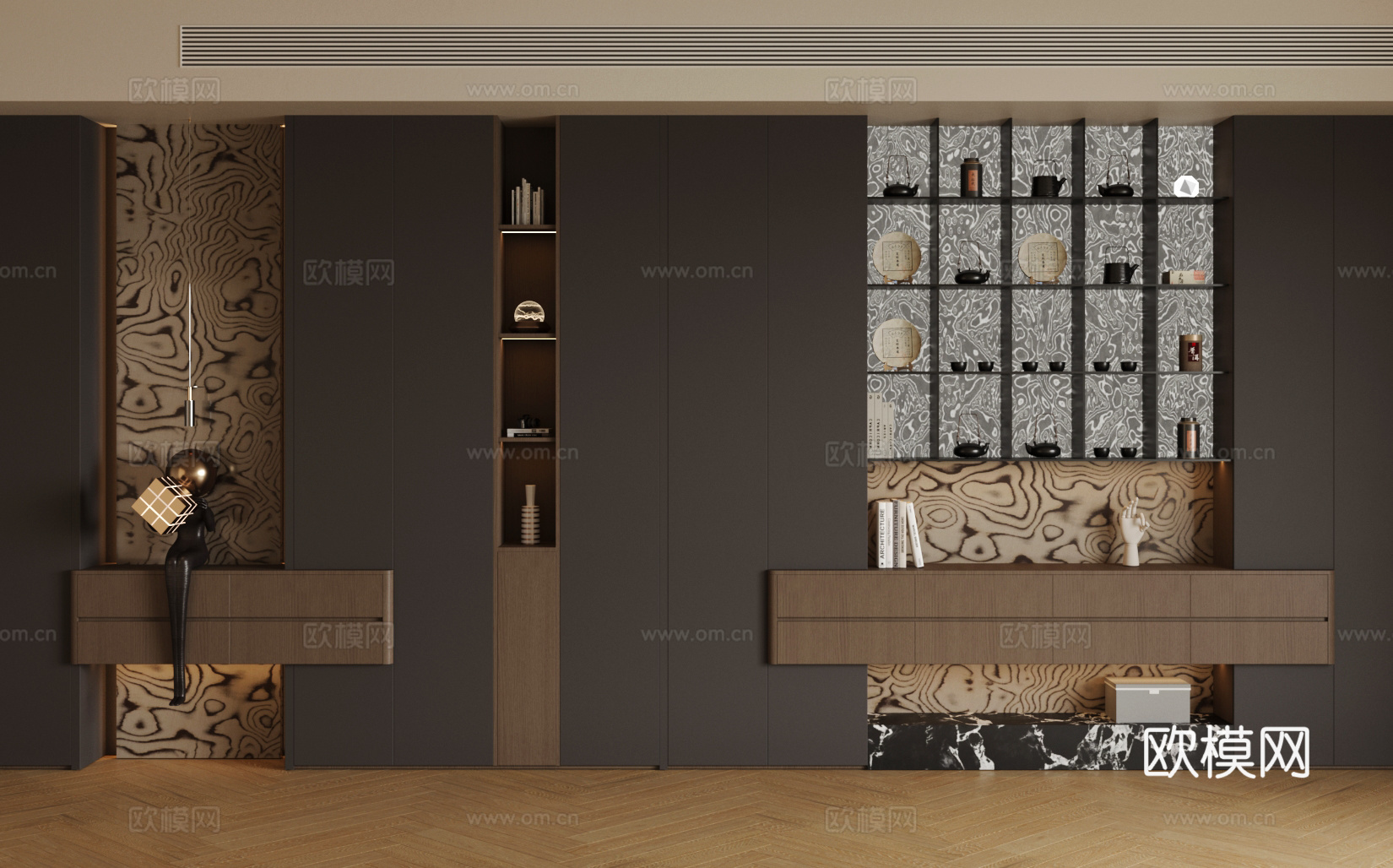 轻奢意式茶柜 意式茶柜 茶室背景墙 整排茶叶柜 发光茶柜 茶3d模型下载