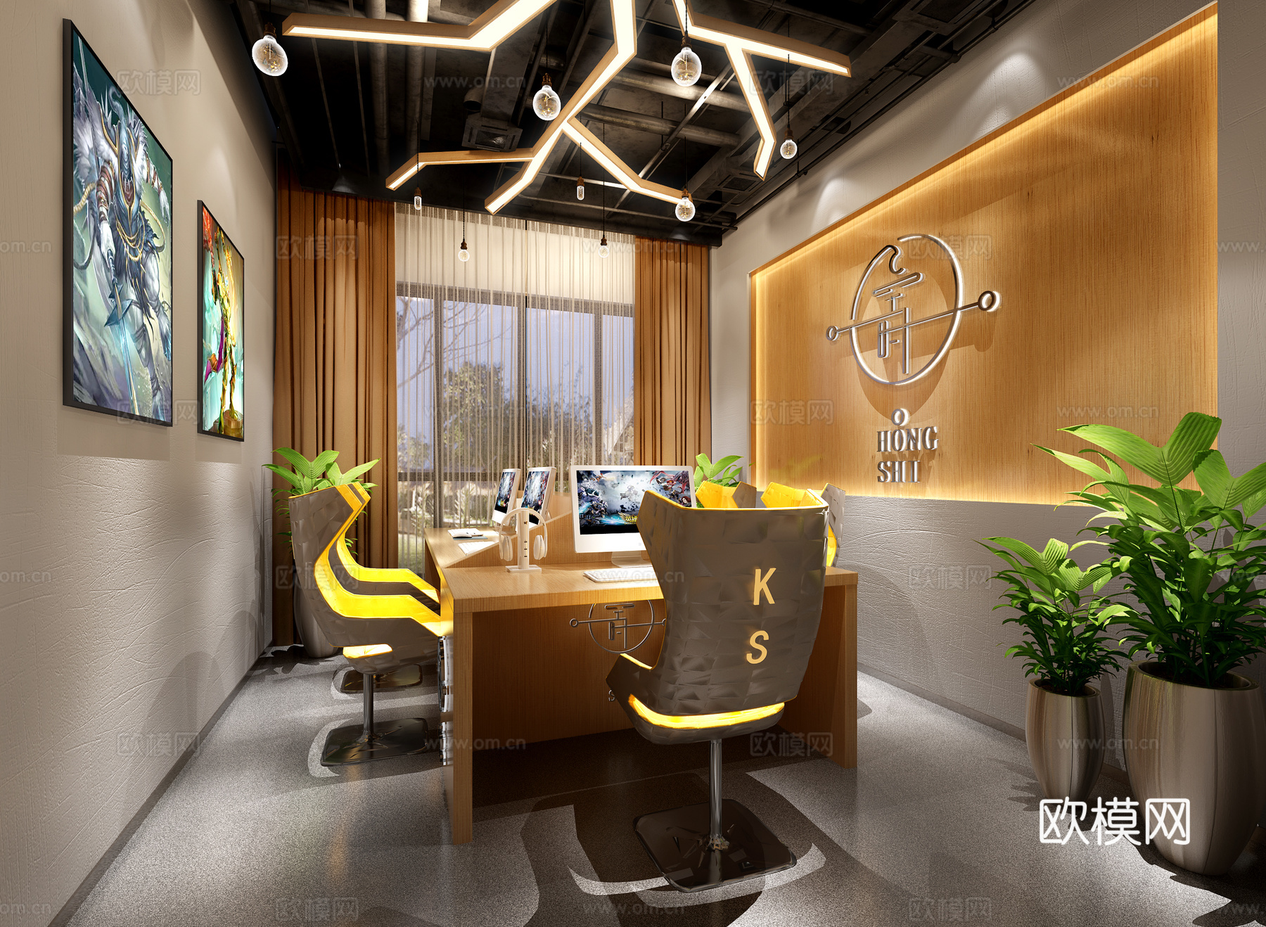 工业风网咖包间 吊灯 餐桌椅 装饰墙3d模型