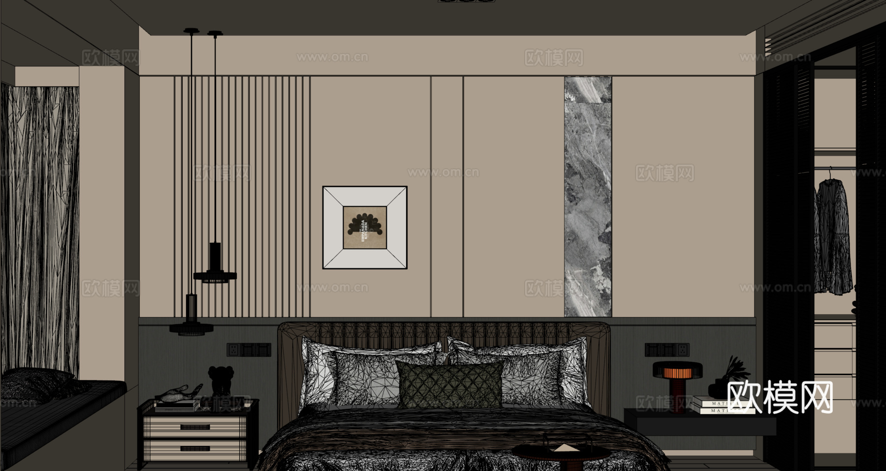 意式现代黑白灰卧室 双人床 卧室衣帽间 床头柜 床头背景墙su模型下载（渲染图2）