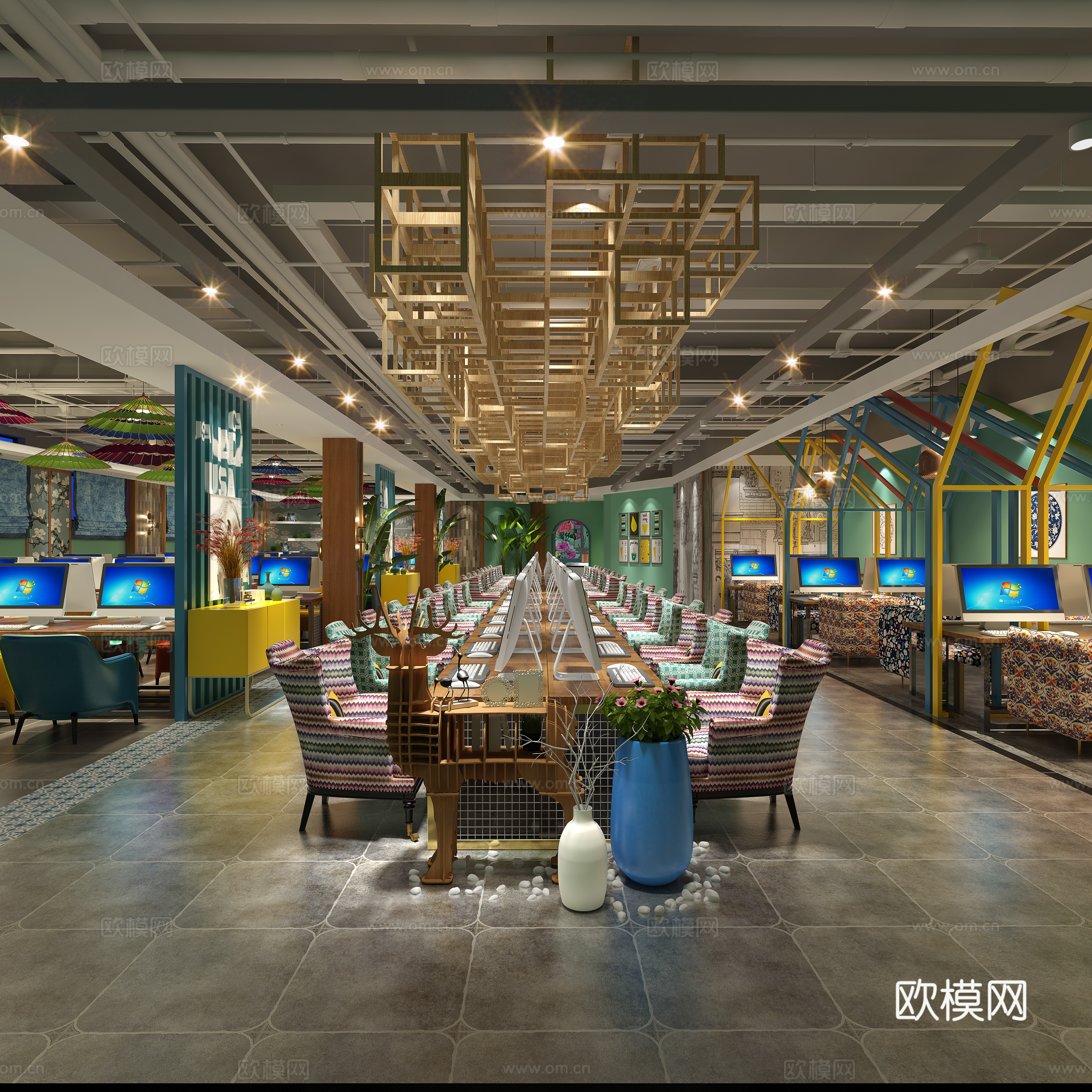 工业风网咖 电脑 电脑桌椅 吊灯3d模型