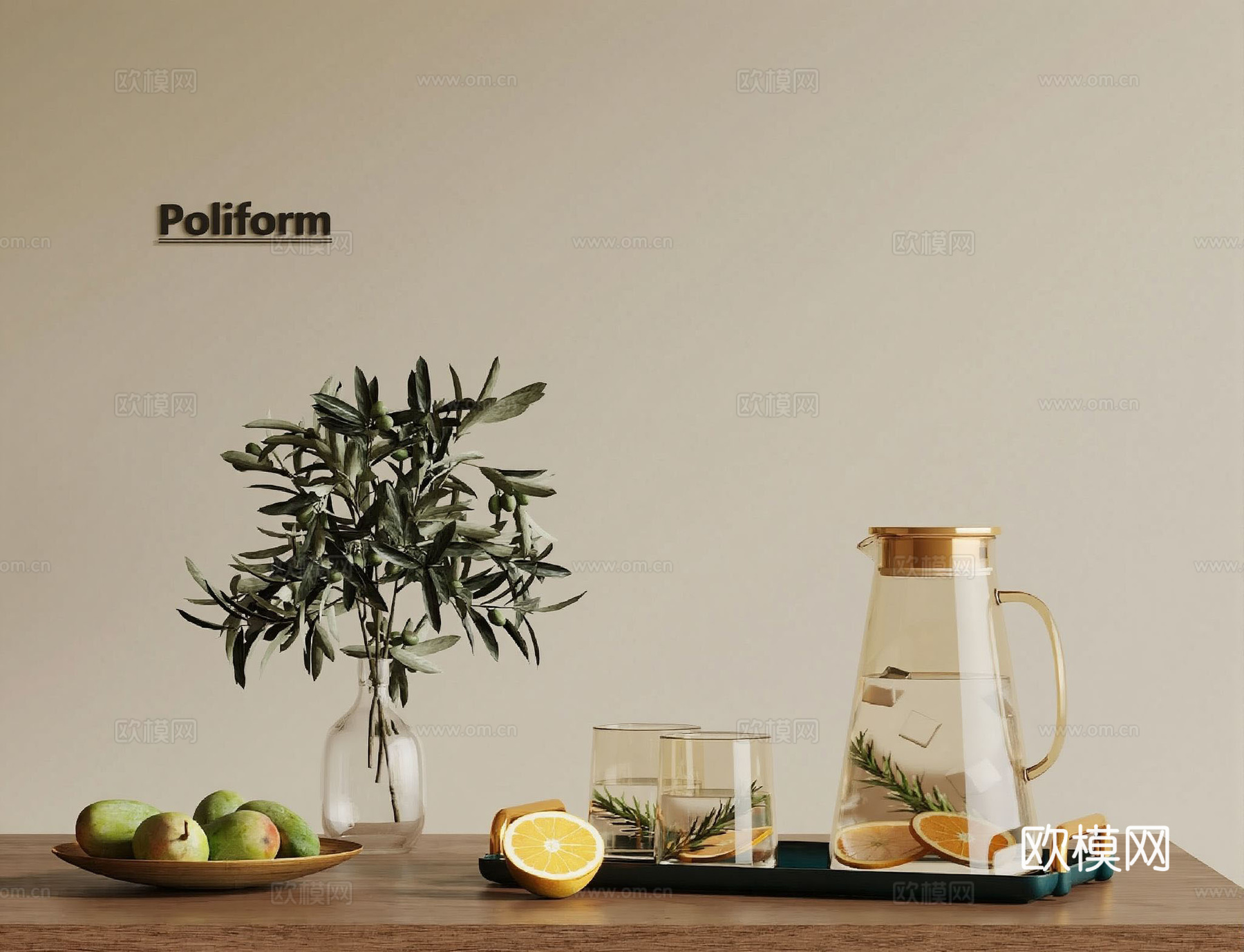 茶具 现代茶具 托盘 水果 食物 桌面绿植3d模型