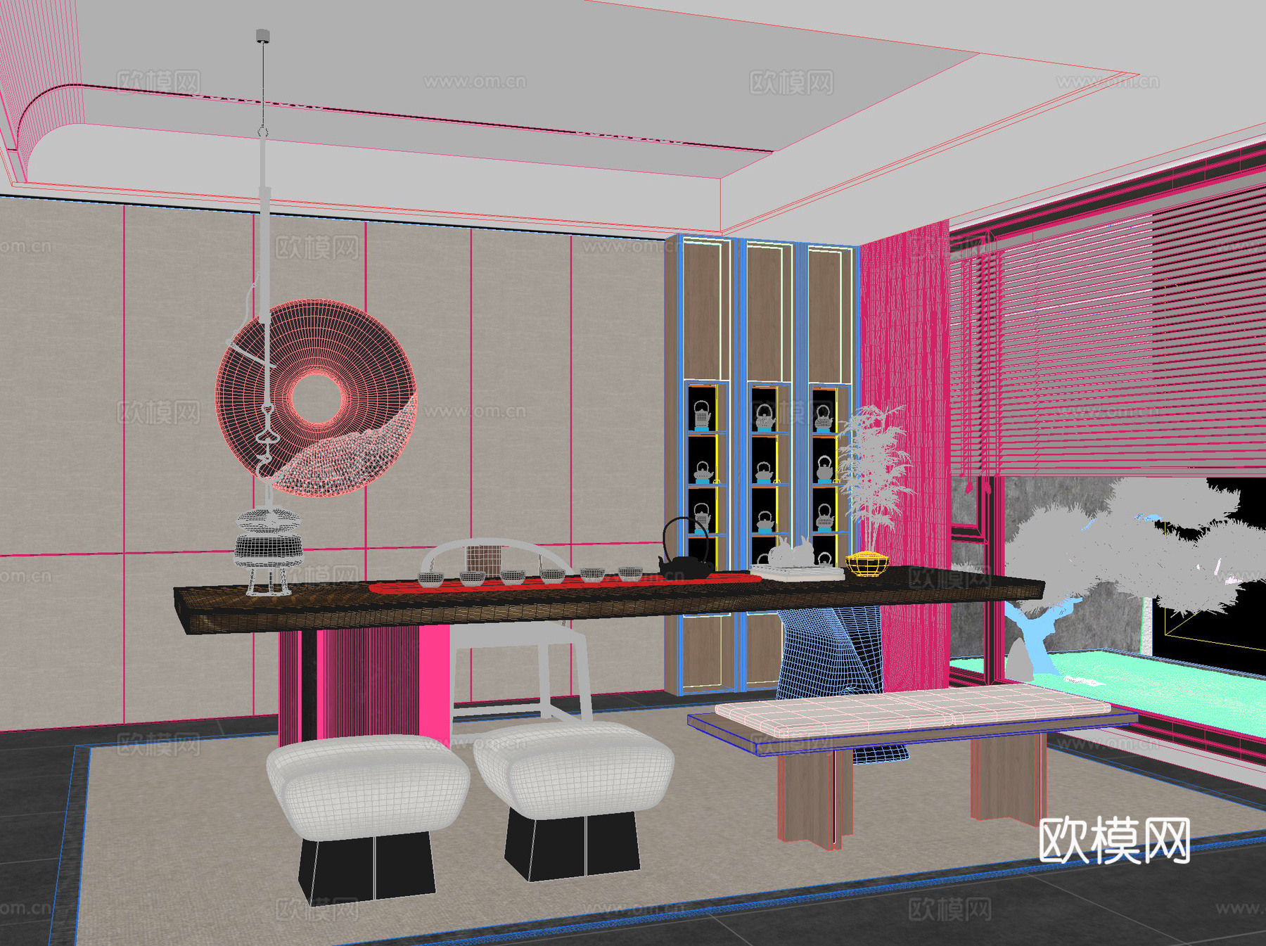 新中式 桌椅 茶桌椅 茶几 茶具3d模型下载（渲染图2）