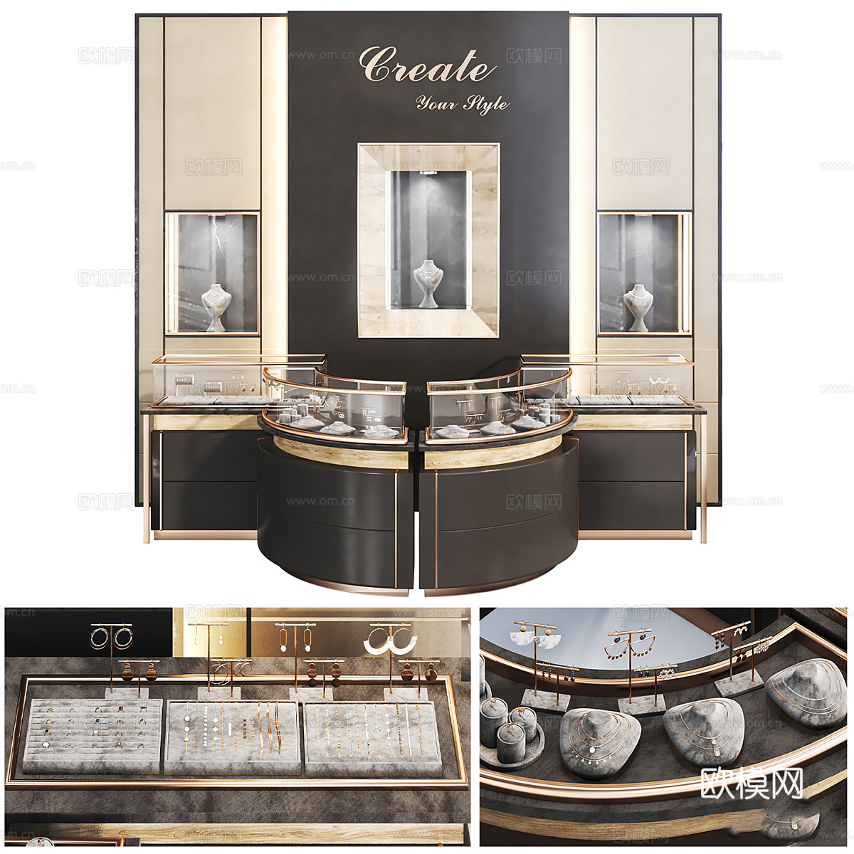 现代意式轻奢珠宝店展示柜3d模型下载（渲染图2）