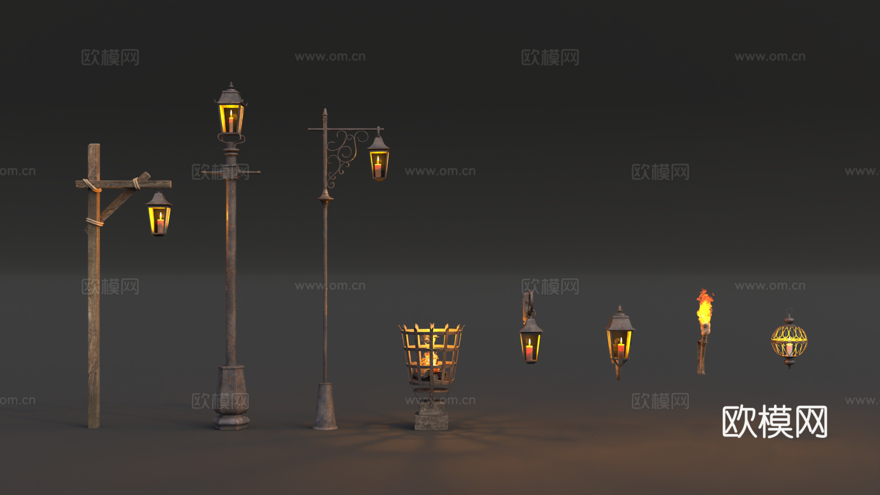 中世纪路灯 露营灯 壁灯 复古铁艺火盆 火堆su模型