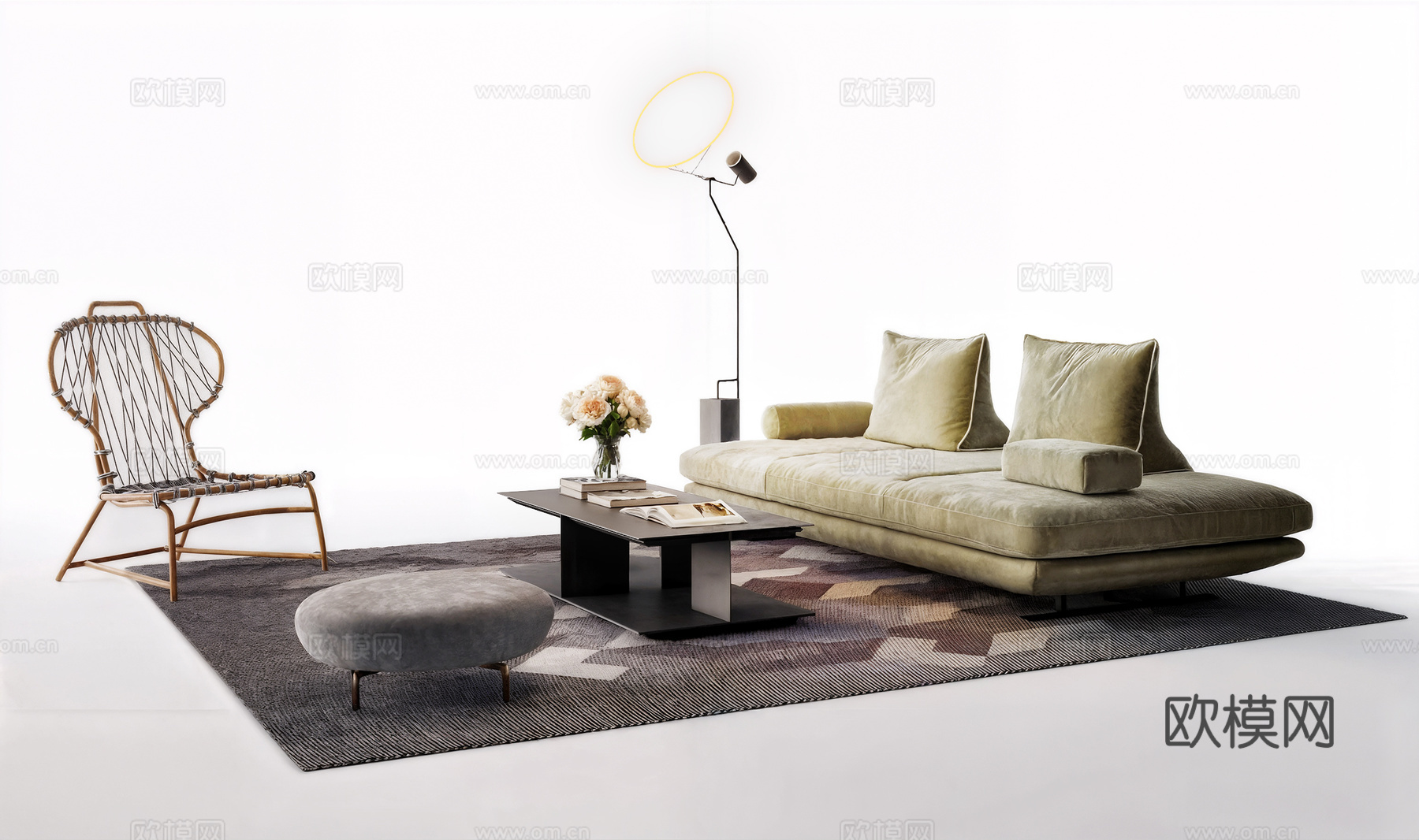 现代沙发茶几组合  布艺沙发 藤椅小矮凳 茶几落地灯3d模型下载