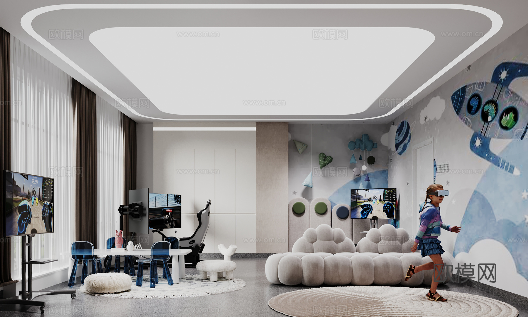 现代儿童娱乐室 手工室 云朵沙发 VR体验室 儿童书桌 板凳3d模型