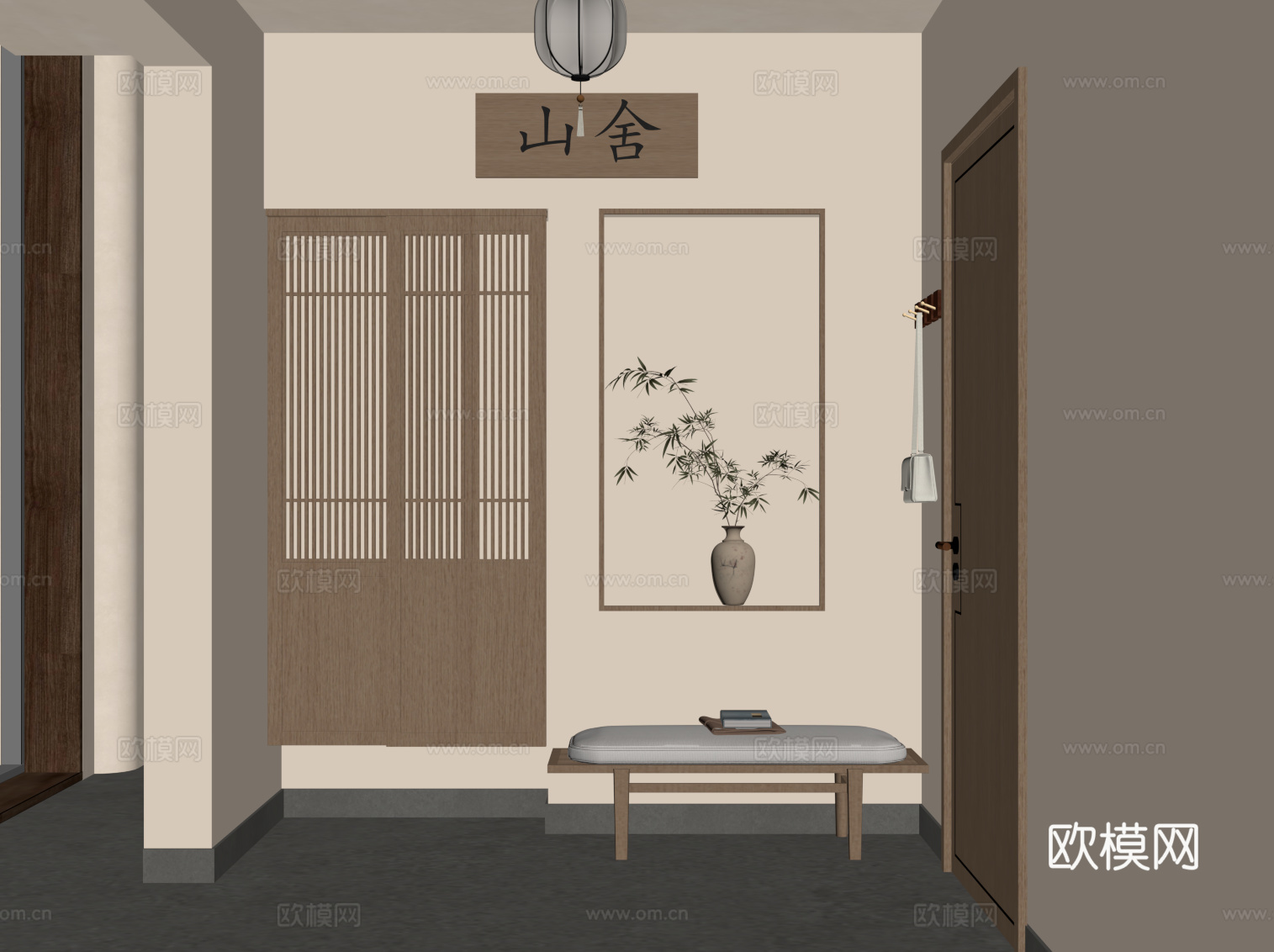 新中式门厅 换鞋凳 过道su模型