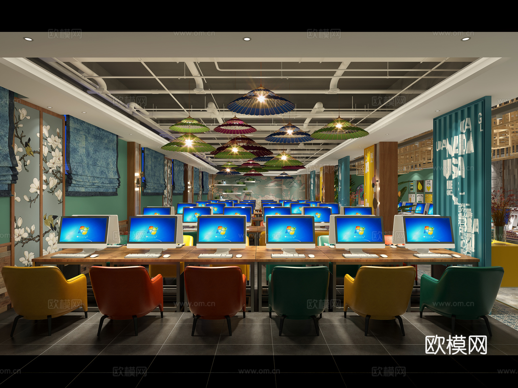 工业风网咖 电脑 电脑桌椅 吊灯3d模型