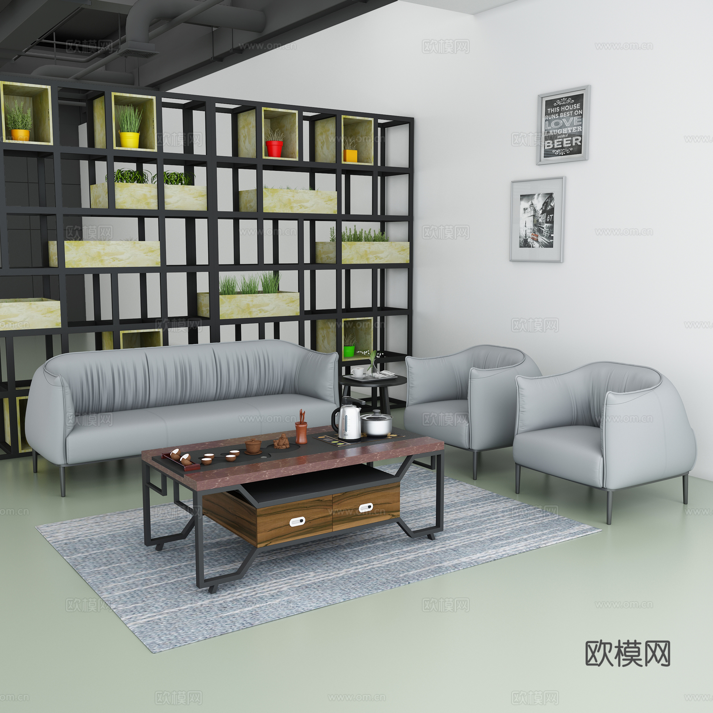 现代办公空间 休息区休闲沙发 功夫茶几 铁艺茶几3d模型