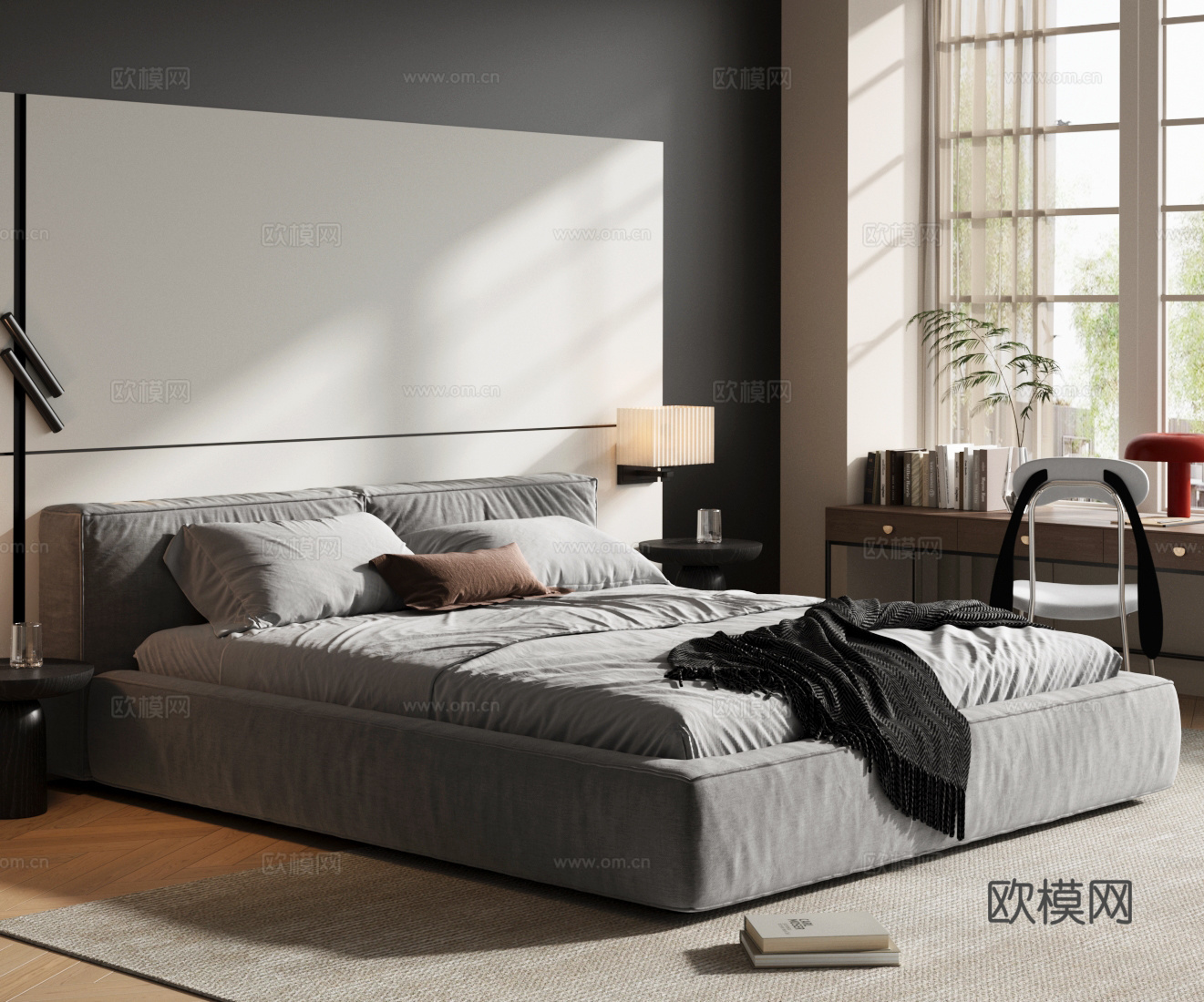 现代极简双人床 布艺床 黑色床 简约风主卧 主卧床 主卧书桌3d模型