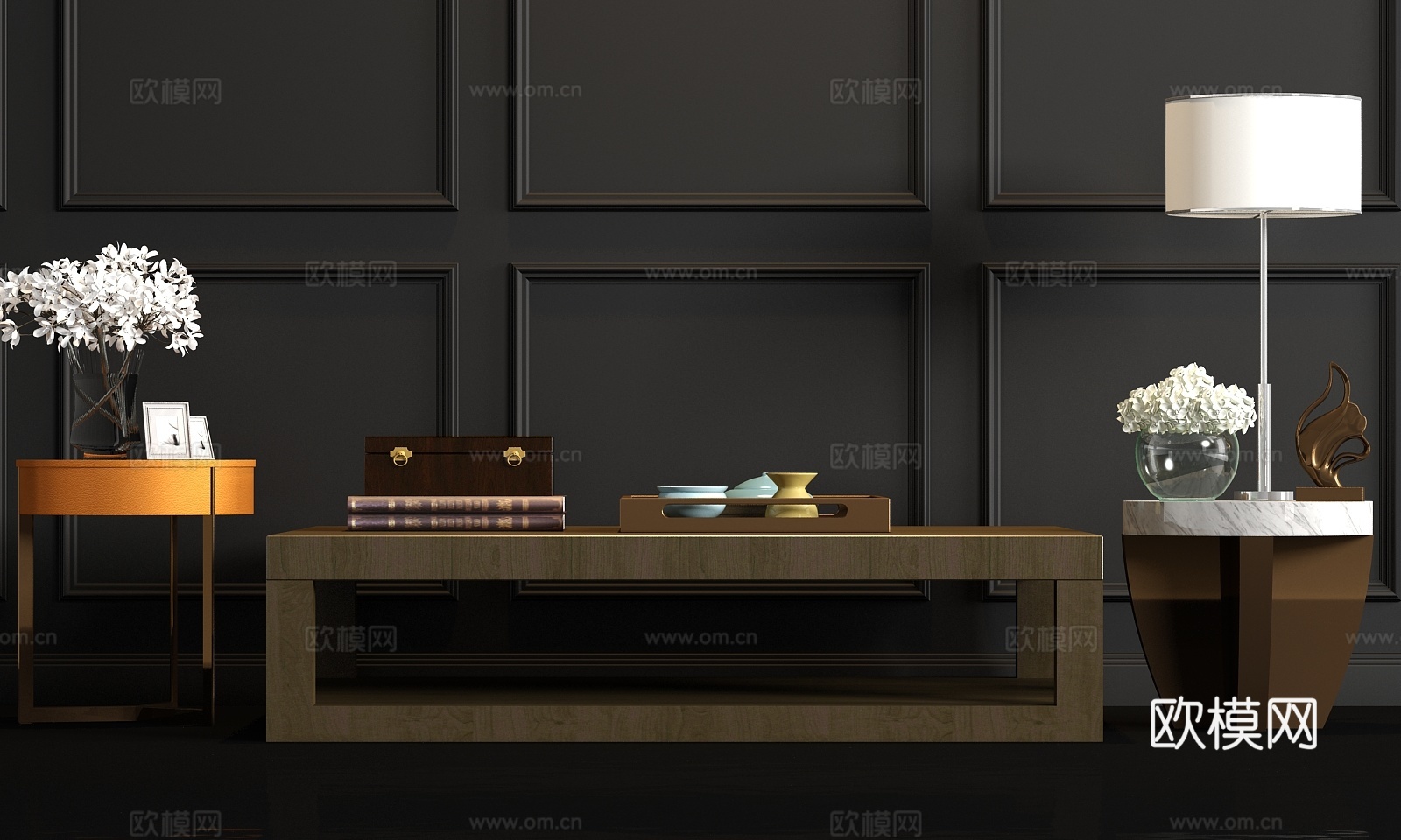 现代实木茶几角几边几台灯饰品组合3d模型