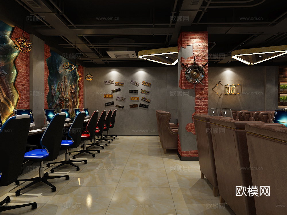 工业风网咖 吧台 零食架 电竞椅 挂件 地图 墙绘 冰箱3d模型