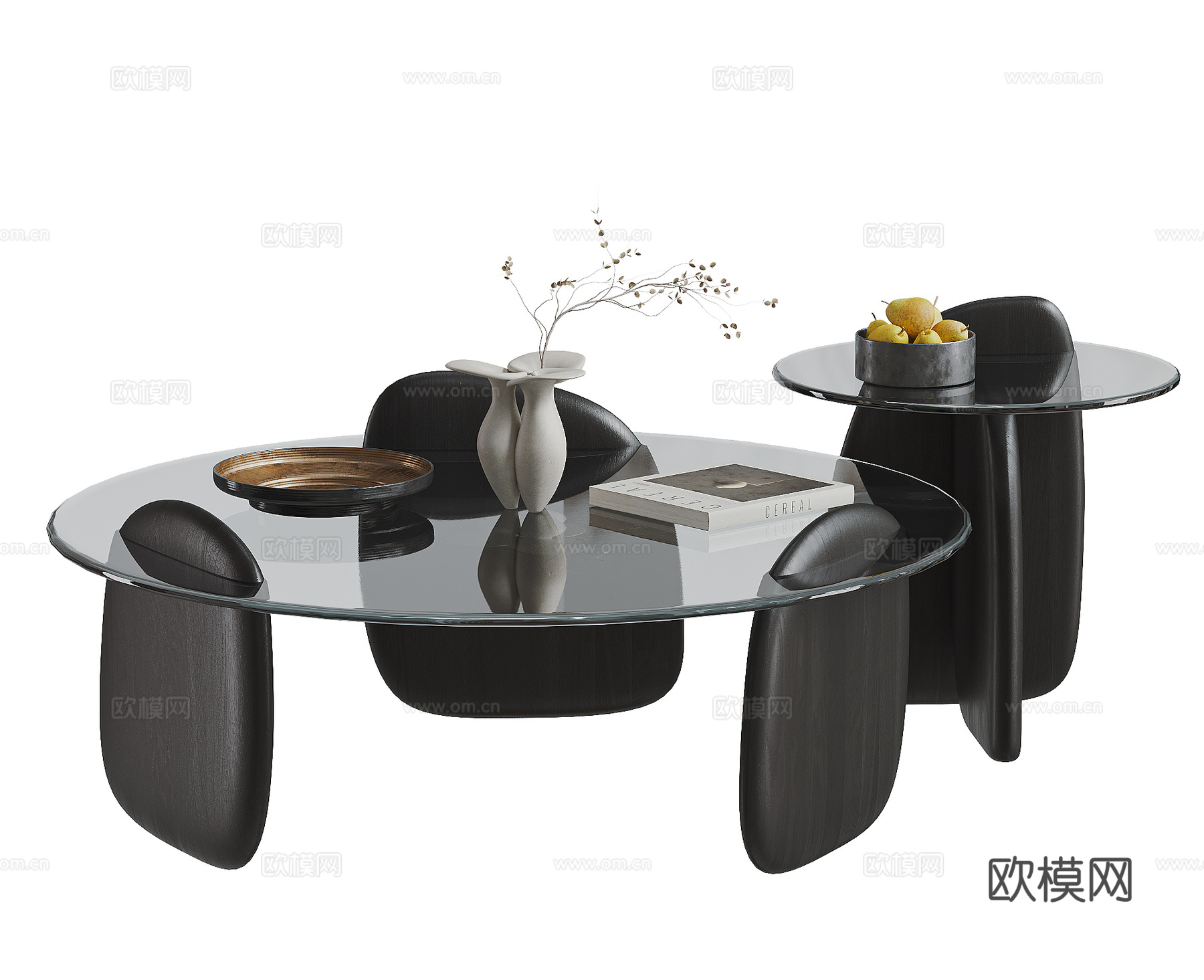 现代中古风茶几组合 玻璃茶几 鲨鱼茶几3d模型