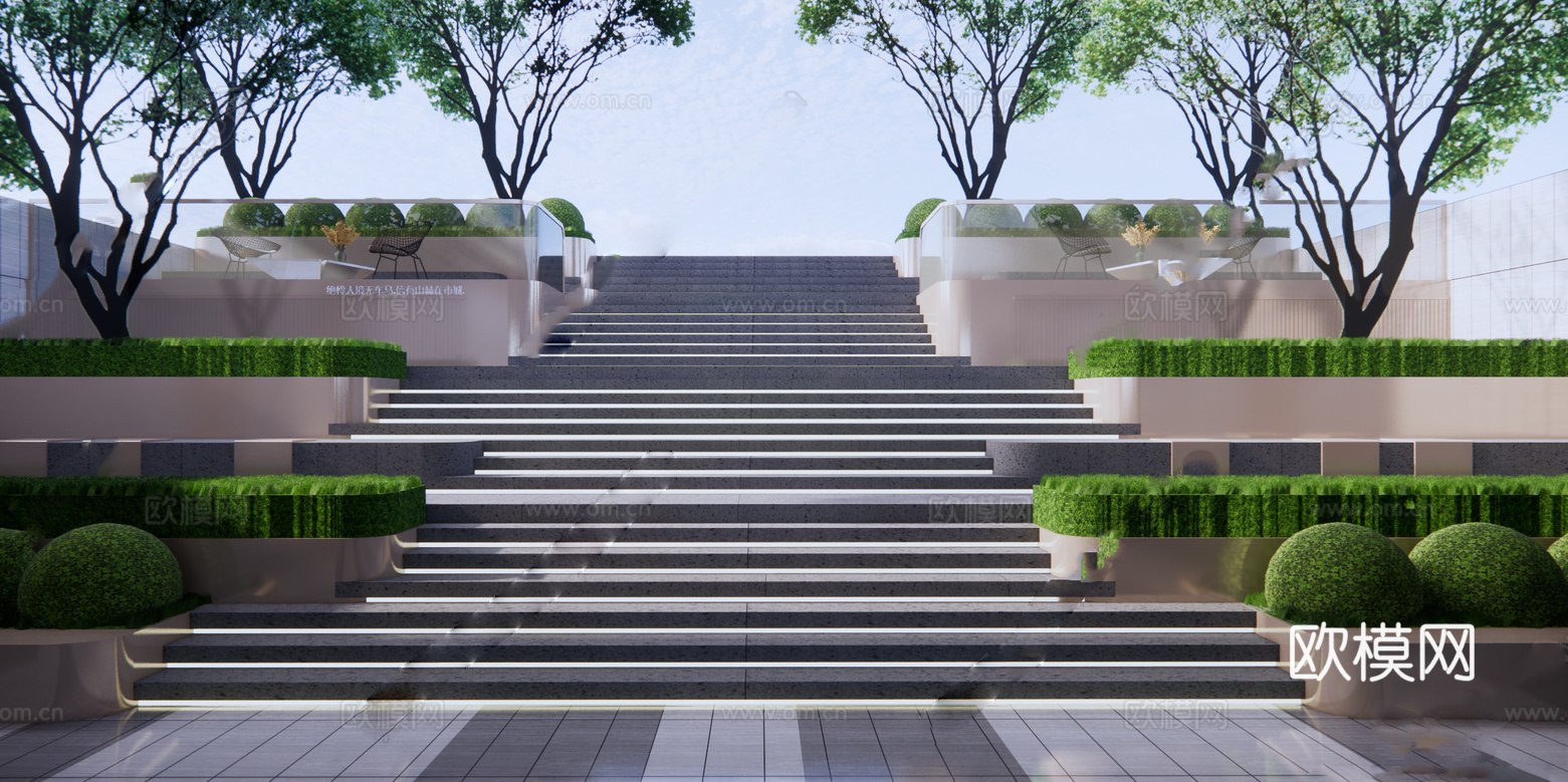 现代小区入口  高差景观台阶花池su模型