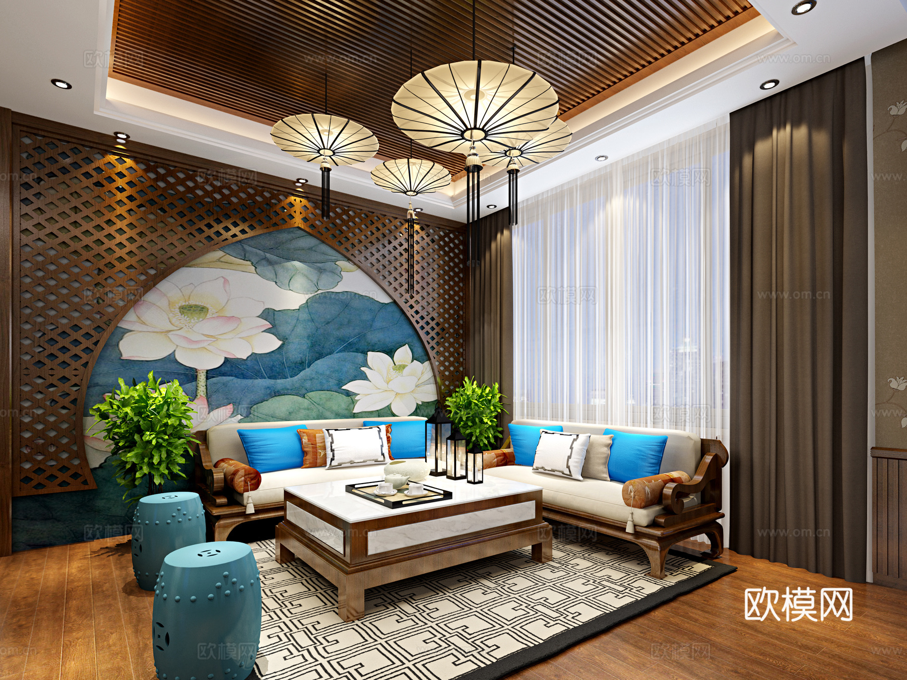 新中式美容院大厅 背景 沙发 吊灯 吧台 展示柜3d模型