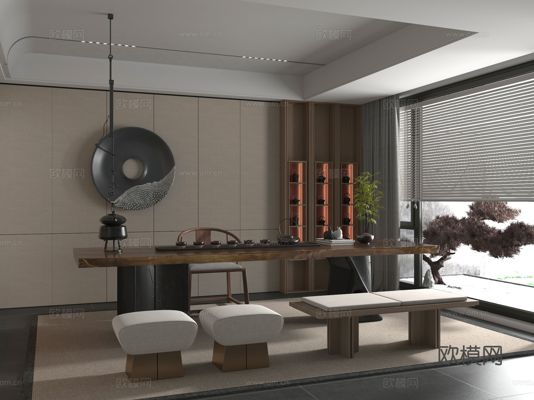 新中式 桌椅 茶桌椅 茶几 茶具3d模型下载（渲染图1）