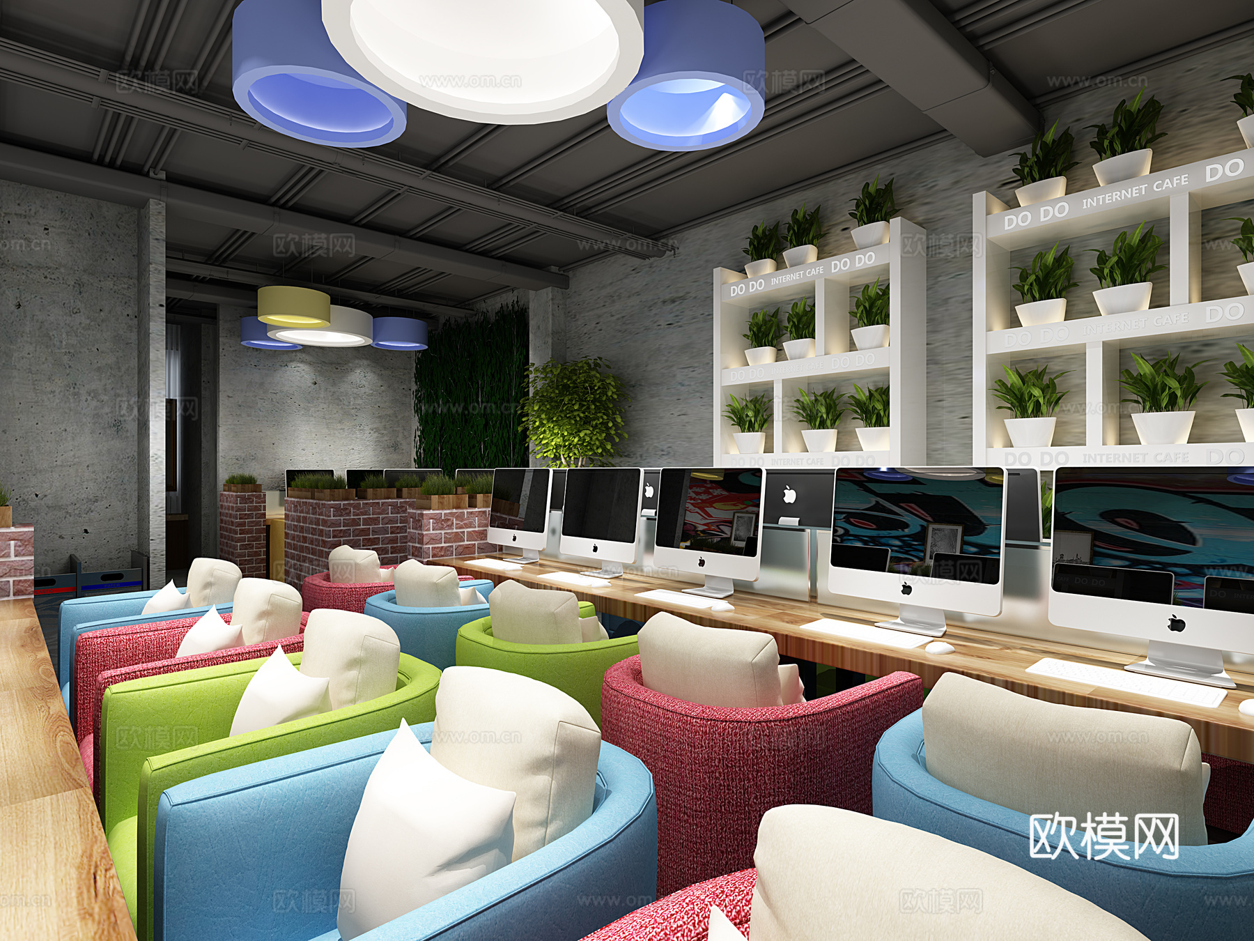 工业风网吧 椅子 电脑 灯 装饰架3d模型