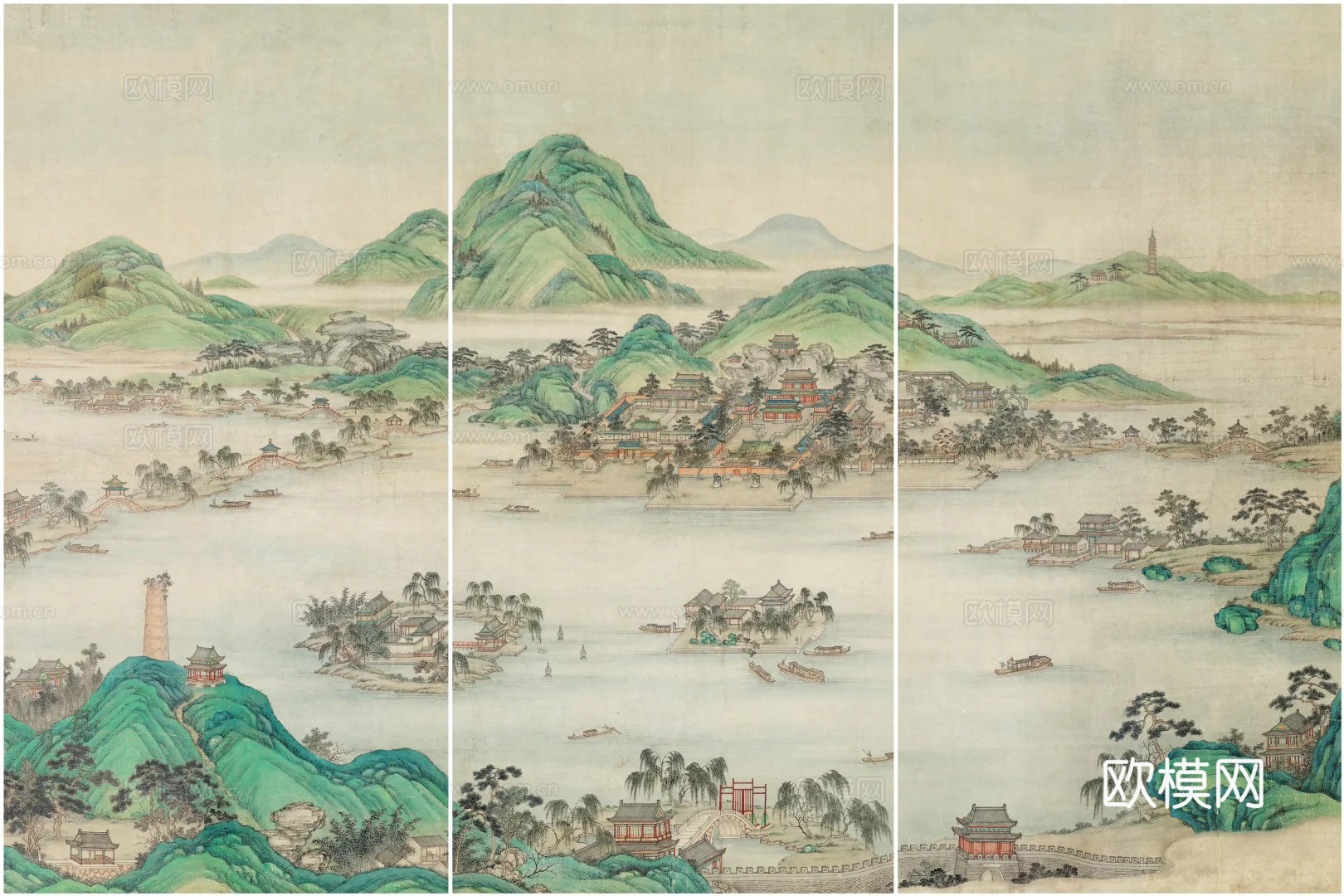 中式山水画三联幅