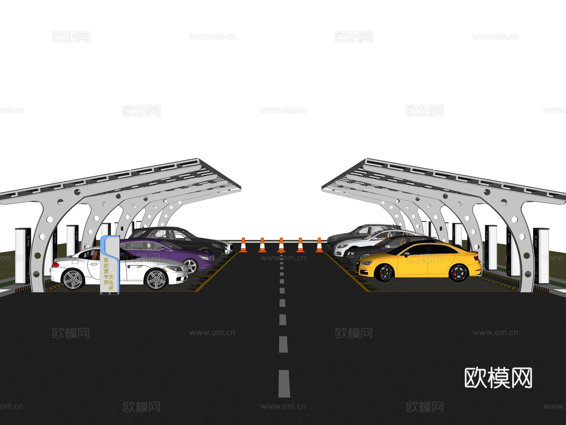 现代电动汽车充电桩 充电站 充电棚 户外停车场 新能源充电站3d模型下载（渲染图3）