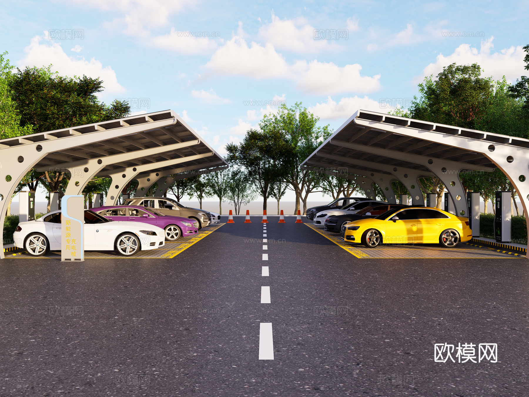 现代电动汽车充电桩 充电站 充电棚 户外停车场 新能源充电站3d模型下载（渲染图1）