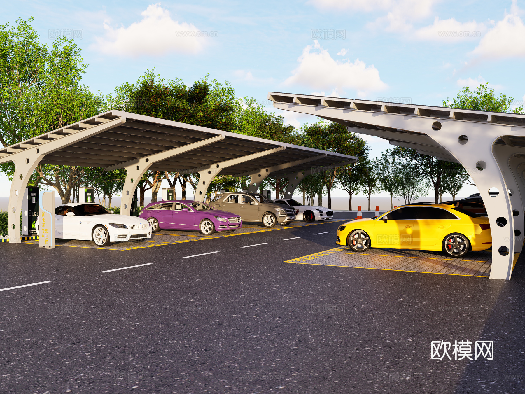现代电动汽车充电桩 充电站 充电棚 户外停车场 新能源充电站3d模型下载（渲染图2）