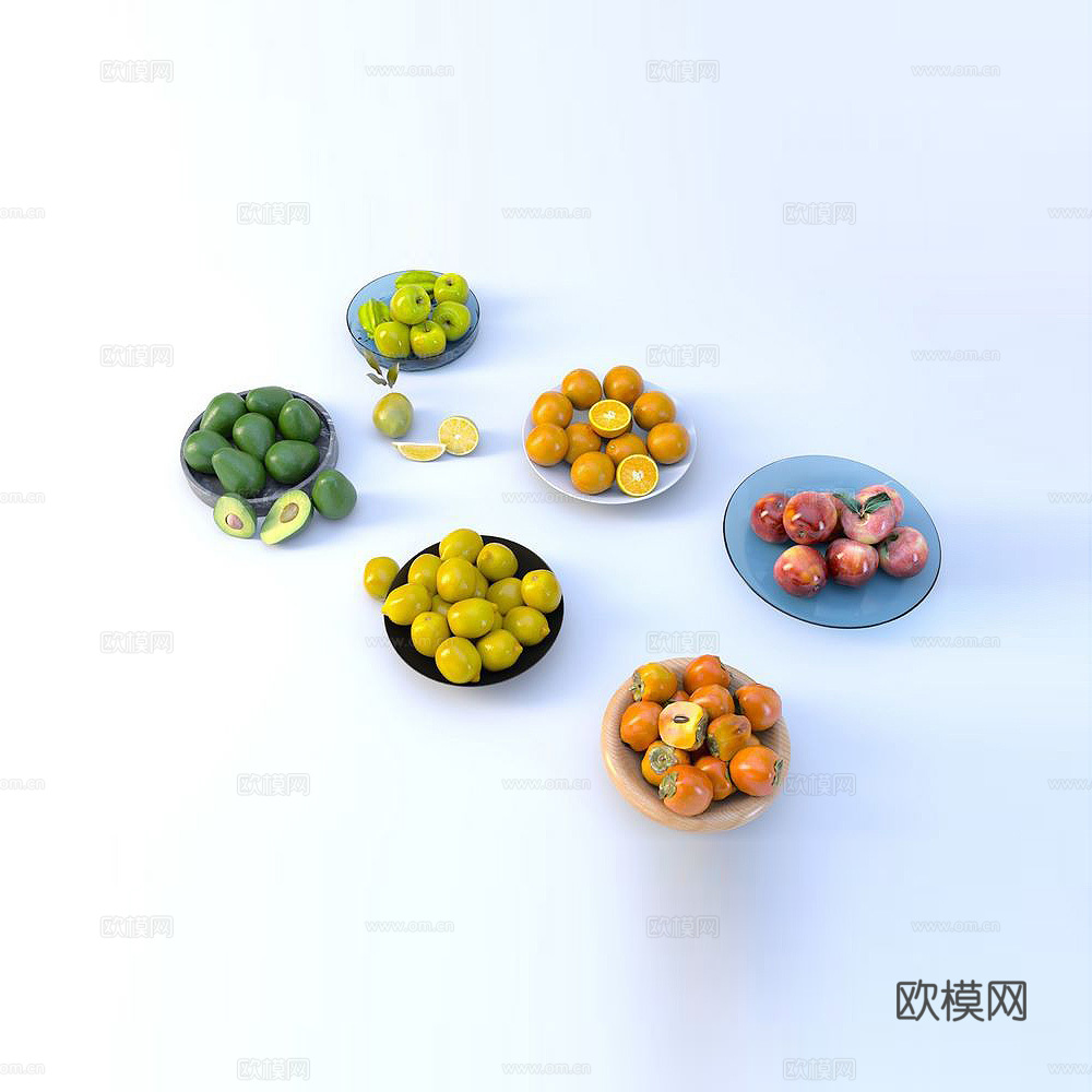 水果盘 苹果盘 橙子盘 柠檬盘 柿子盘 牛油果盘 青苹果盘3d模型