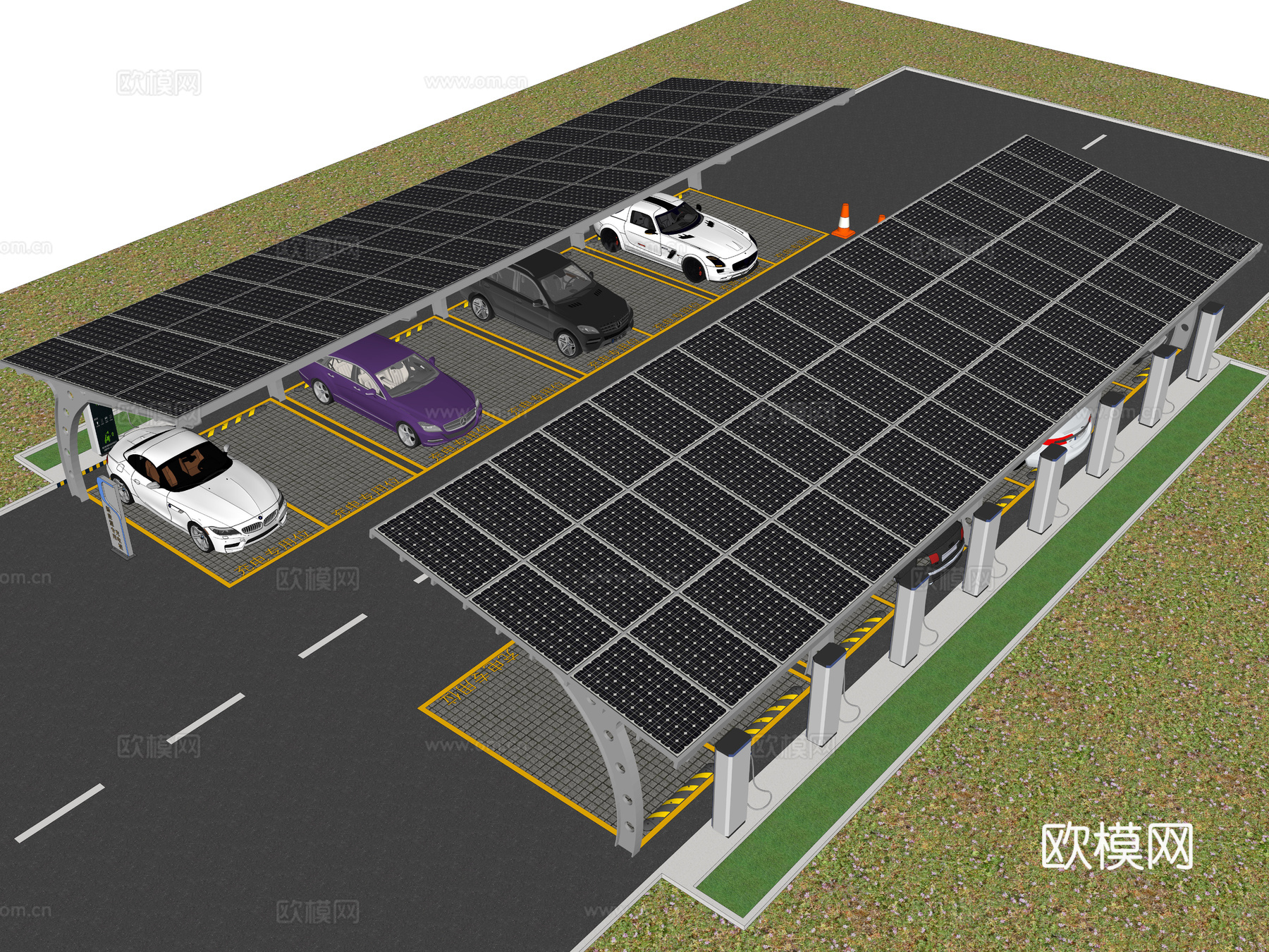现代电动汽车充电桩 充电站 充电棚 户外停车场 新能源充电站3d模型下载（渲染图4）