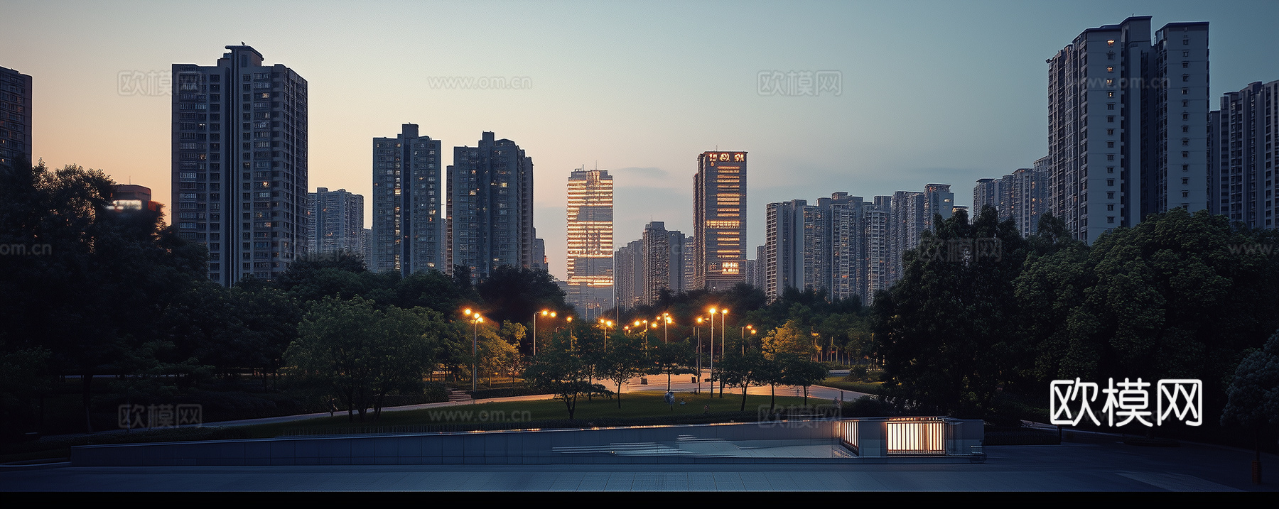 现代城市傍晚外景夜景