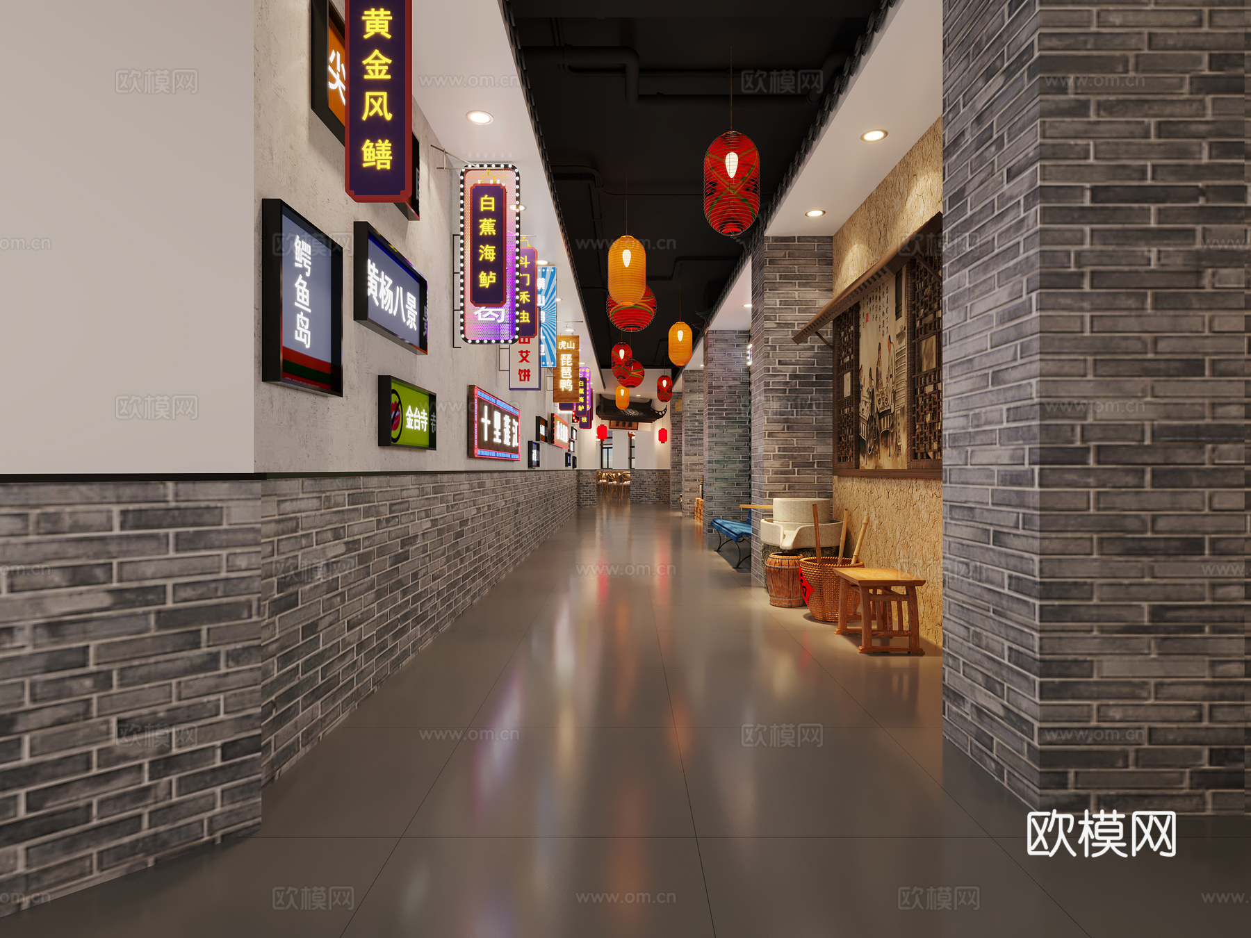 新中式餐饮酒店过道3d模型