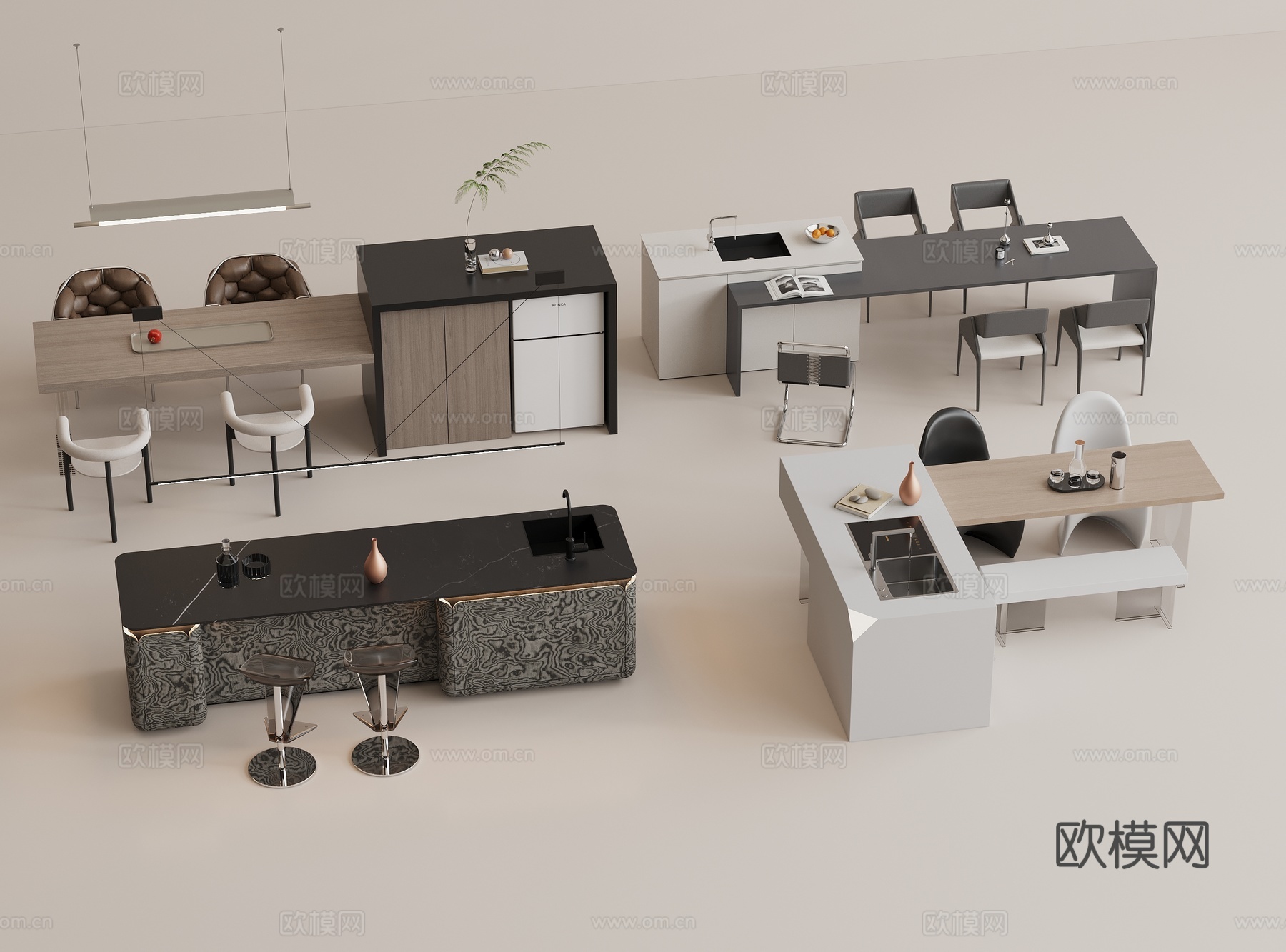 吧台组合 水吧台 中岛吧台 中岛餐桌 吧台一体餐桌 休闲餐椅3d模型
