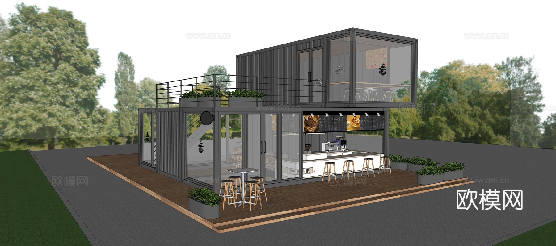 现代 集装箱 咖啡店 咖啡桌椅su模型