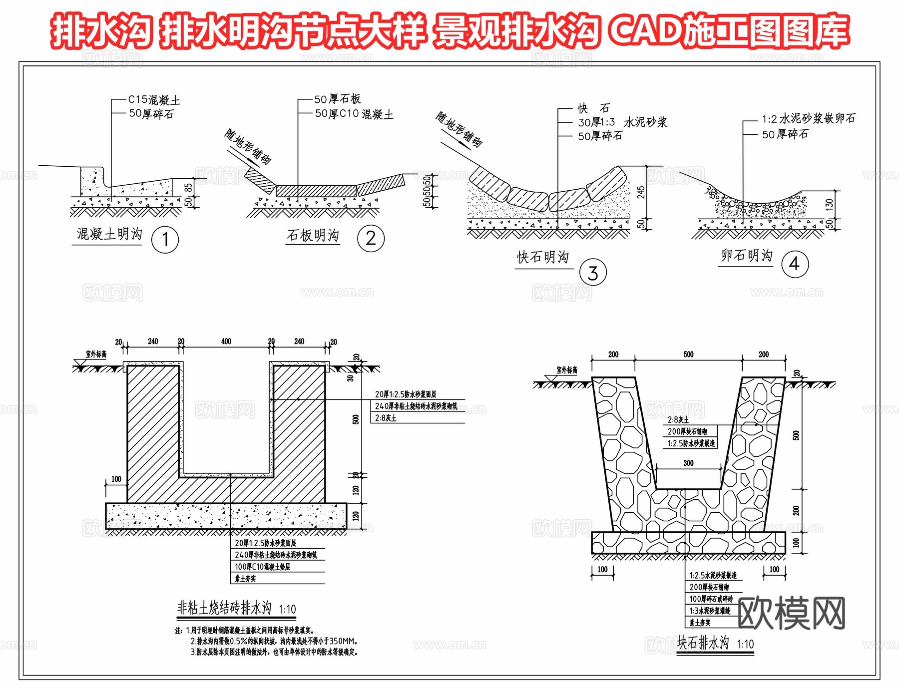 排水沟 排水明沟节点大样 景观排水沟 室外排水沟CAD施工图cad施工图