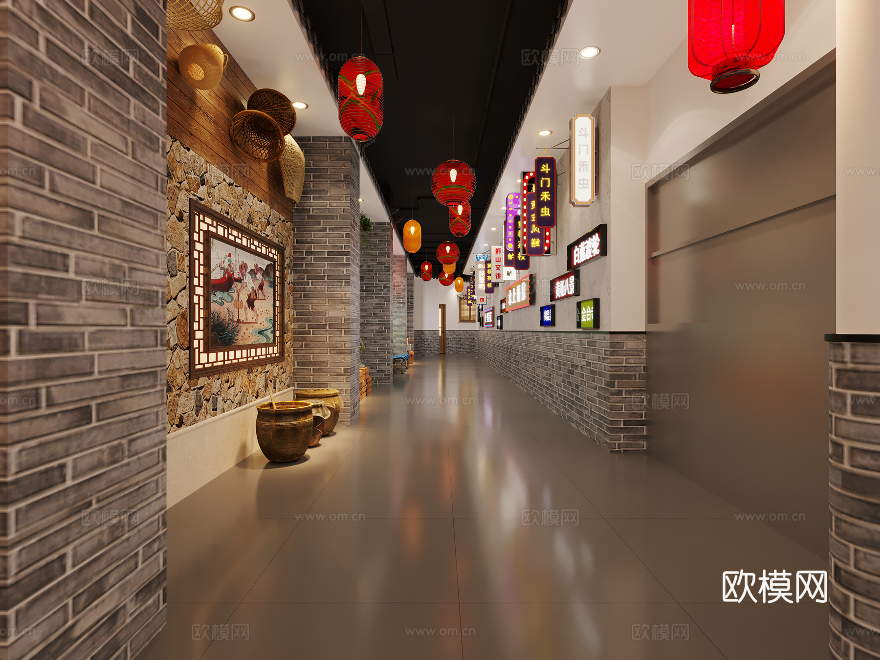 新中式餐饮酒店过道3d模型