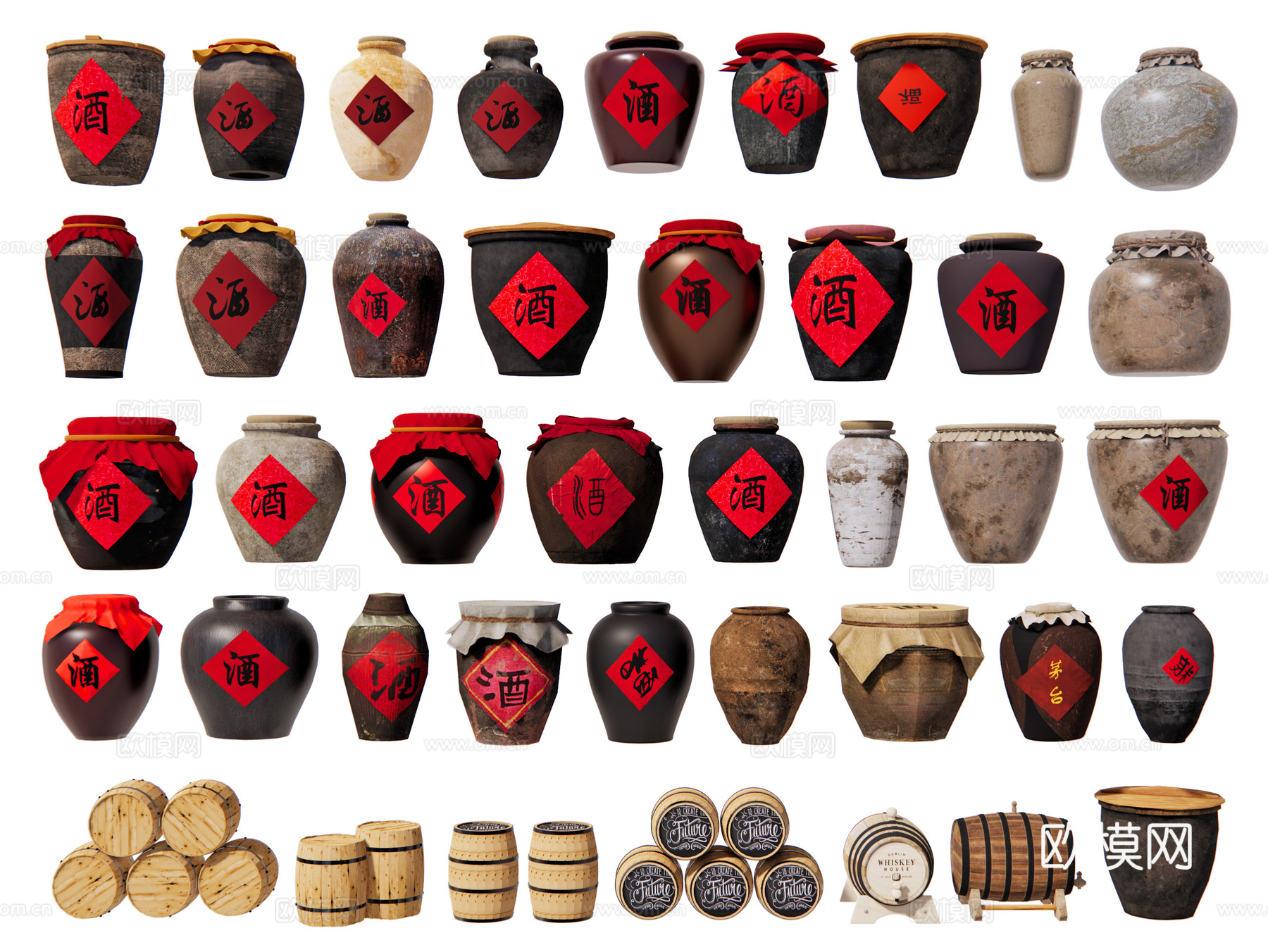 中式酒坛子 酒缸酒桶 古代酒水 酿酒罐子 酒具酒碗酒文化小品su模型
